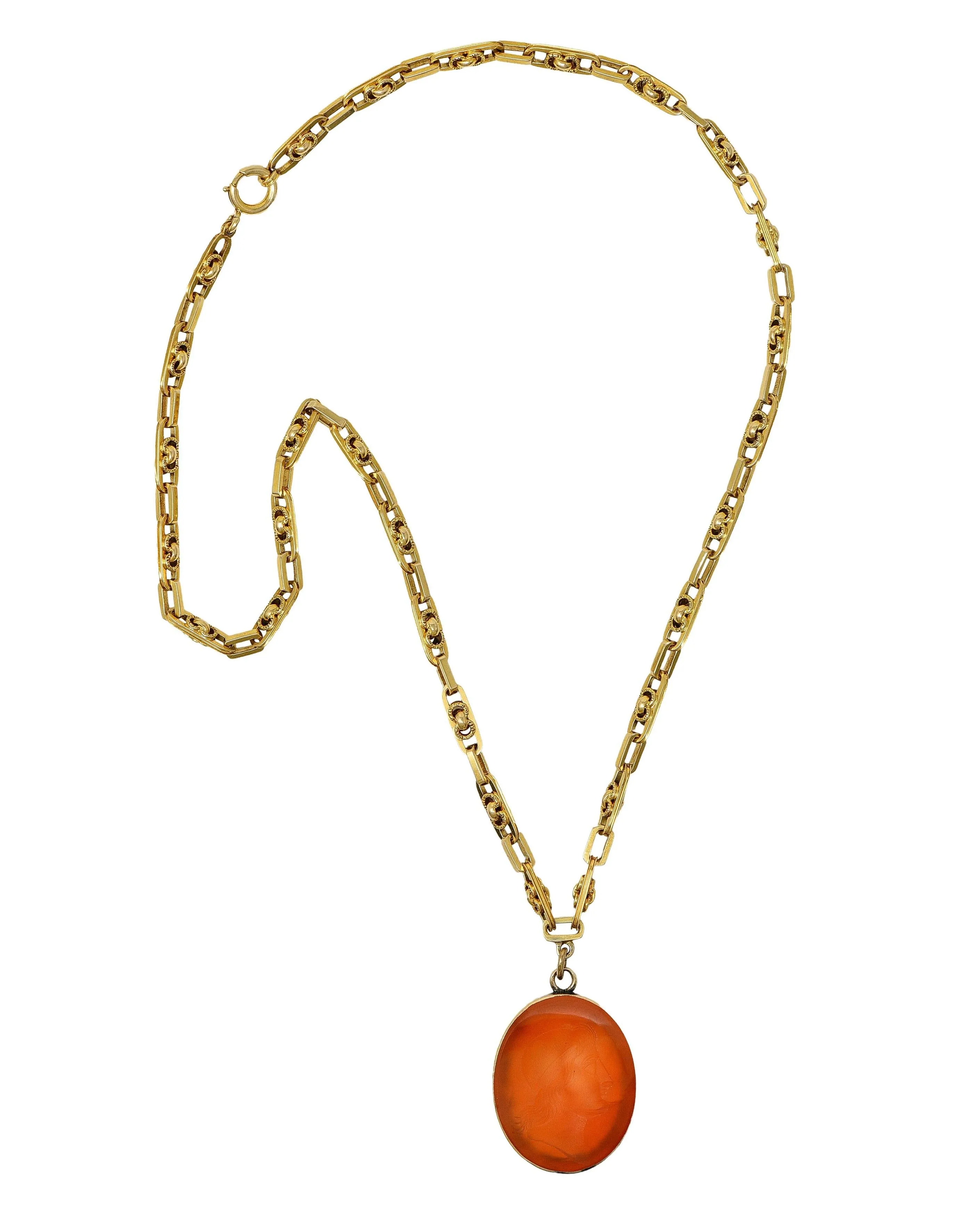 Victorian Carved Carnelian 14 Karat Gold Fancy Link Chain Cameo Pendant Necklace