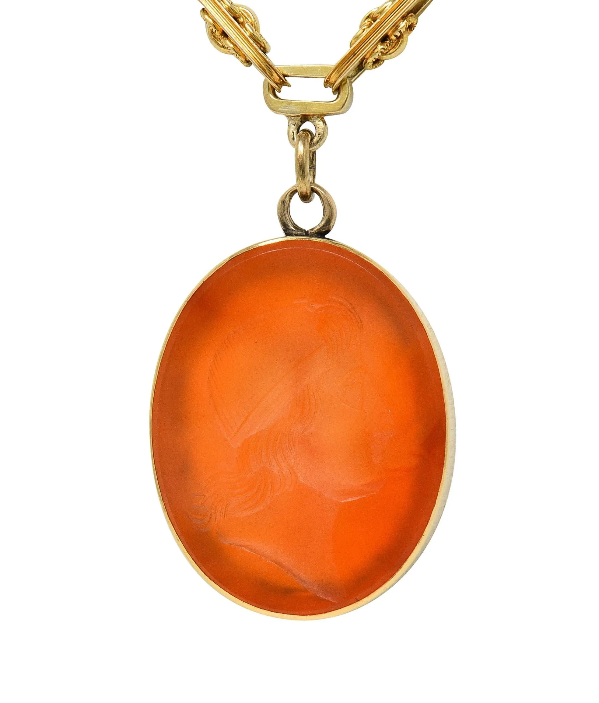 Victorian Carved Carnelian 14 Karat Gold Fancy Link Chain Cameo Pendant Necklace