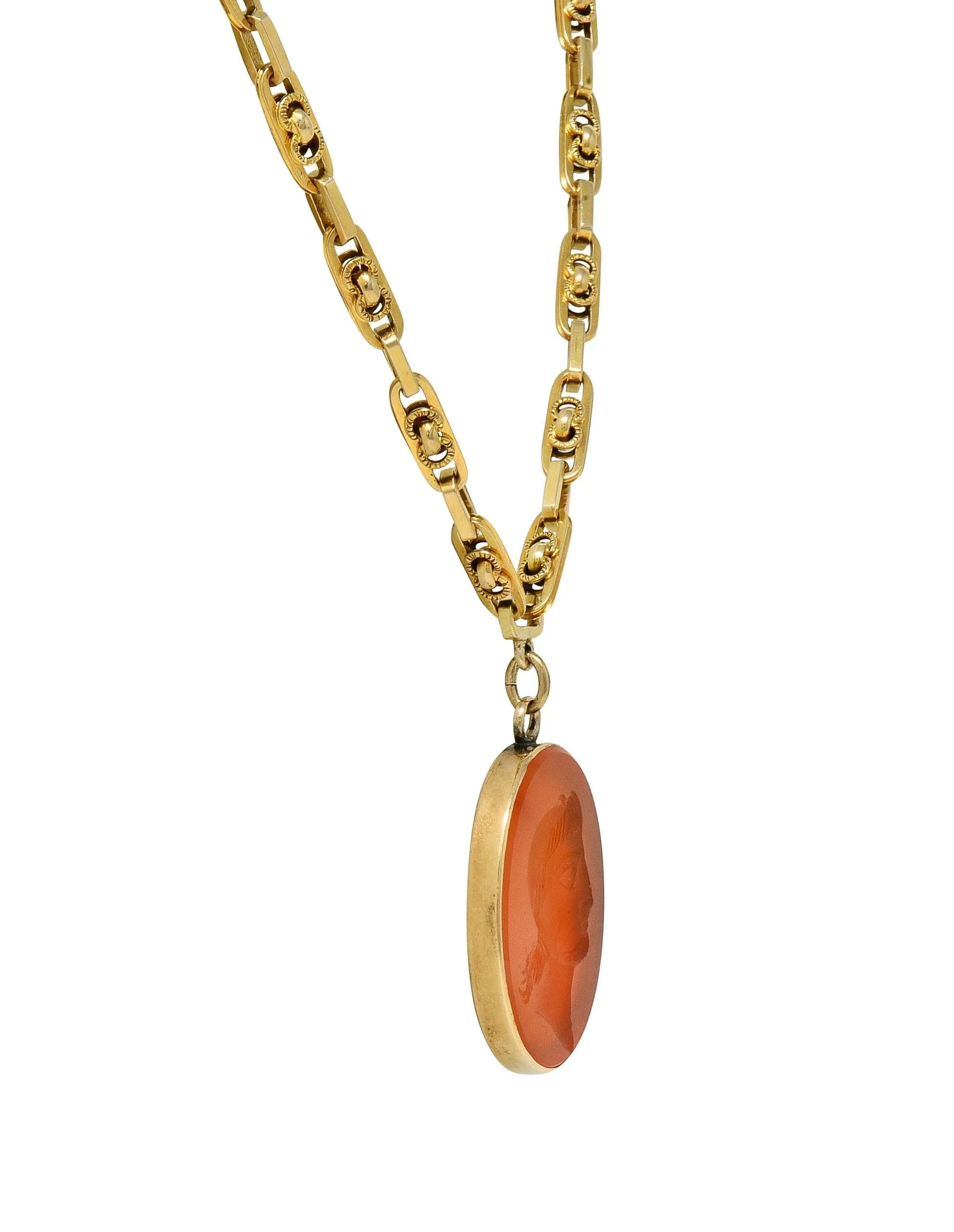 Victorian Carved Carnelian 14 Karat Gold Fancy Link Chain Cameo Pendant Necklace