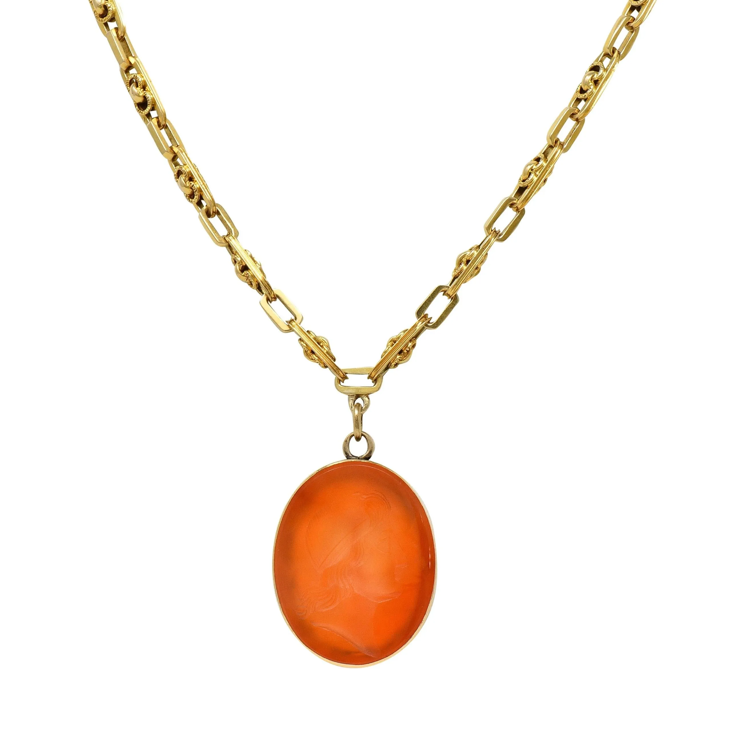 Victorian Carved Carnelian 14 Karat Gold Fancy Link Chain Cameo Pendant Necklace