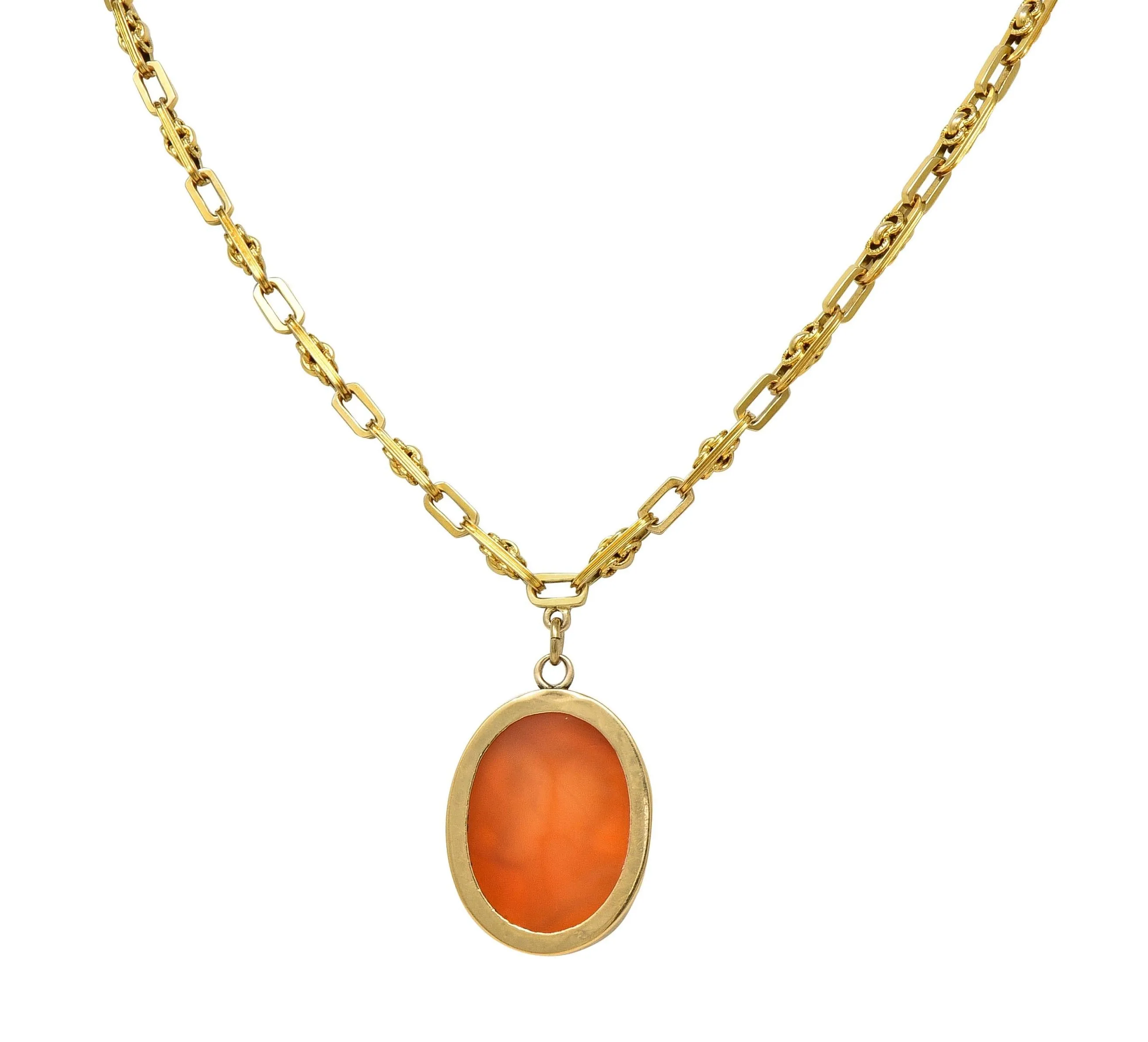 Victorian Carved Carnelian 14 Karat Gold Fancy Link Chain Cameo Pendant Necklace