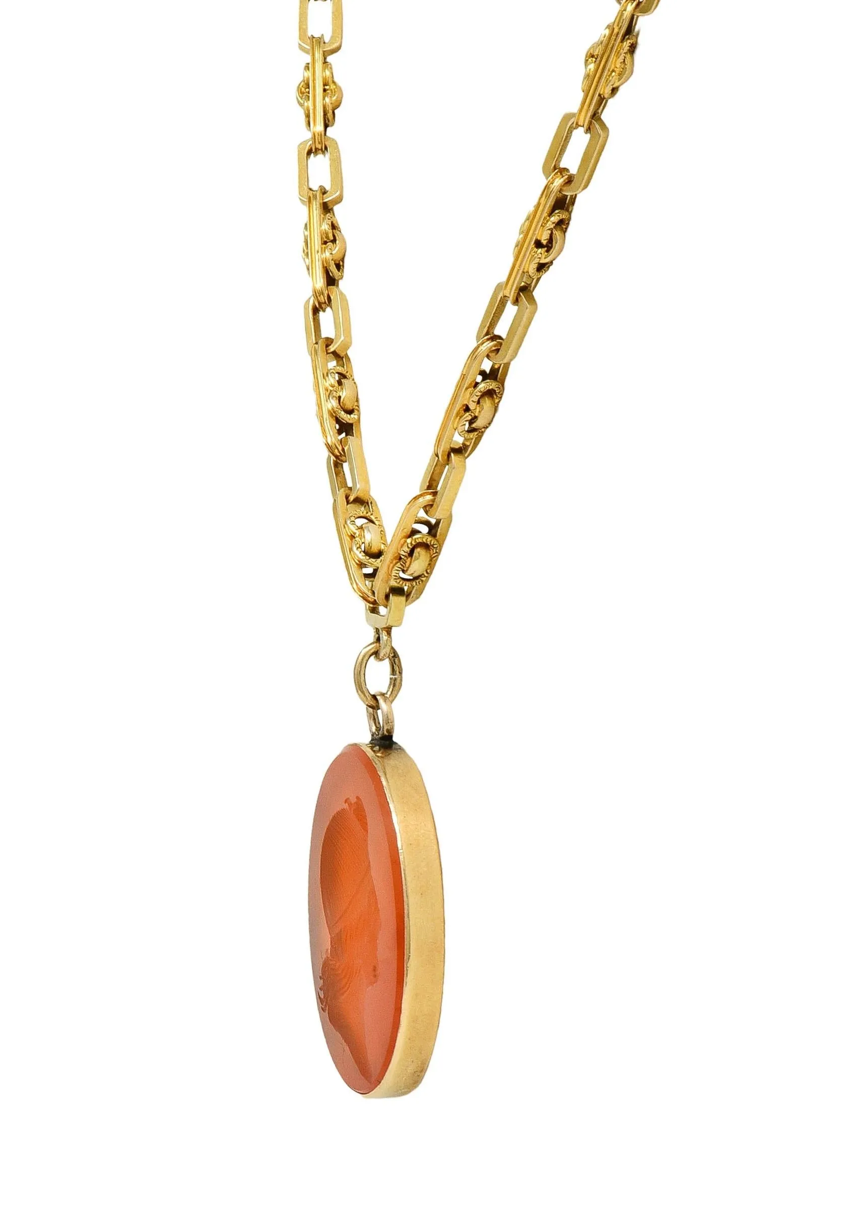 Victorian Carved Carnelian 14 Karat Gold Fancy Link Chain Cameo Pendant Necklace