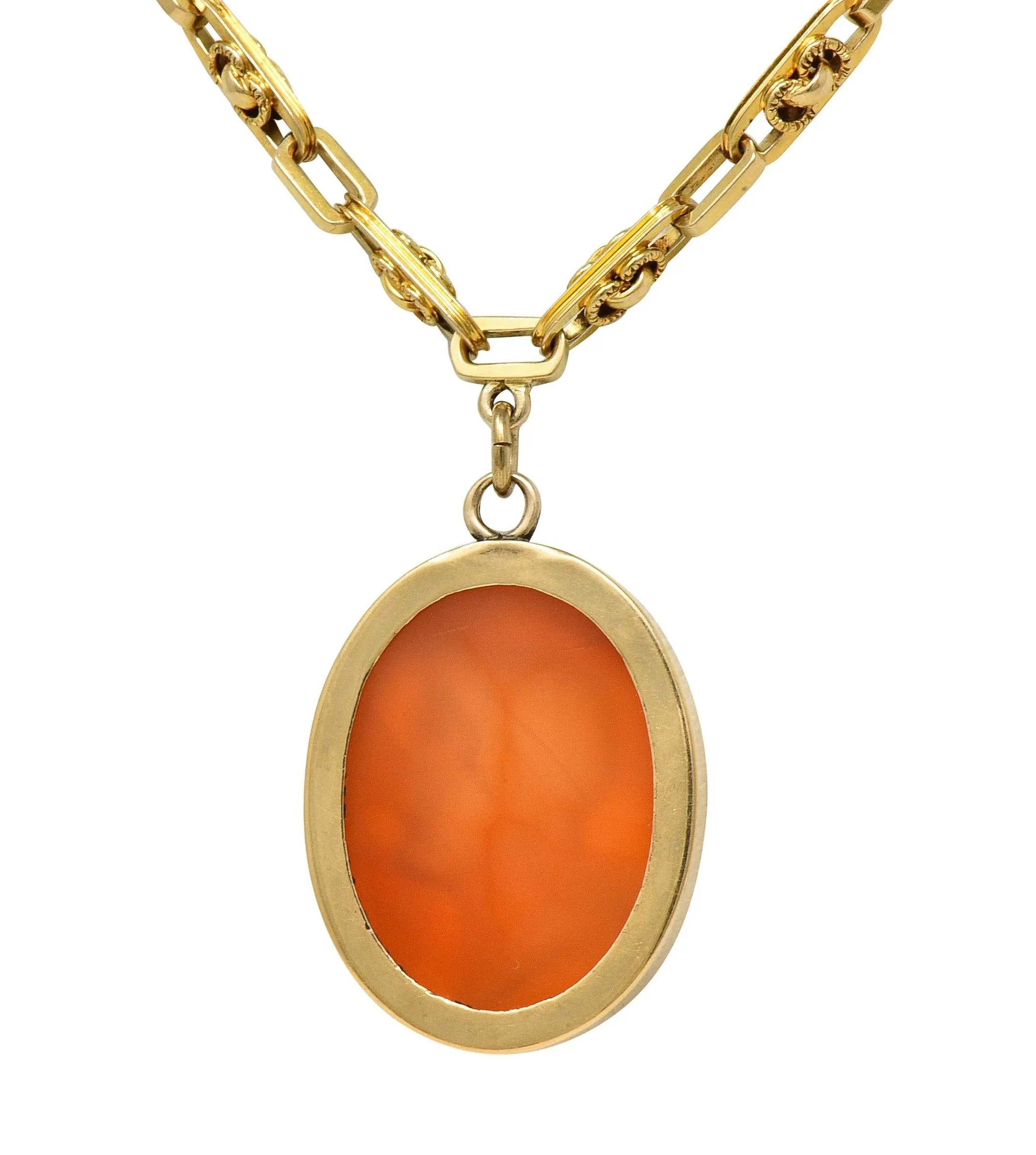 Victorian Carved Carnelian 14 Karat Gold Fancy Link Chain Cameo Pendant Necklace