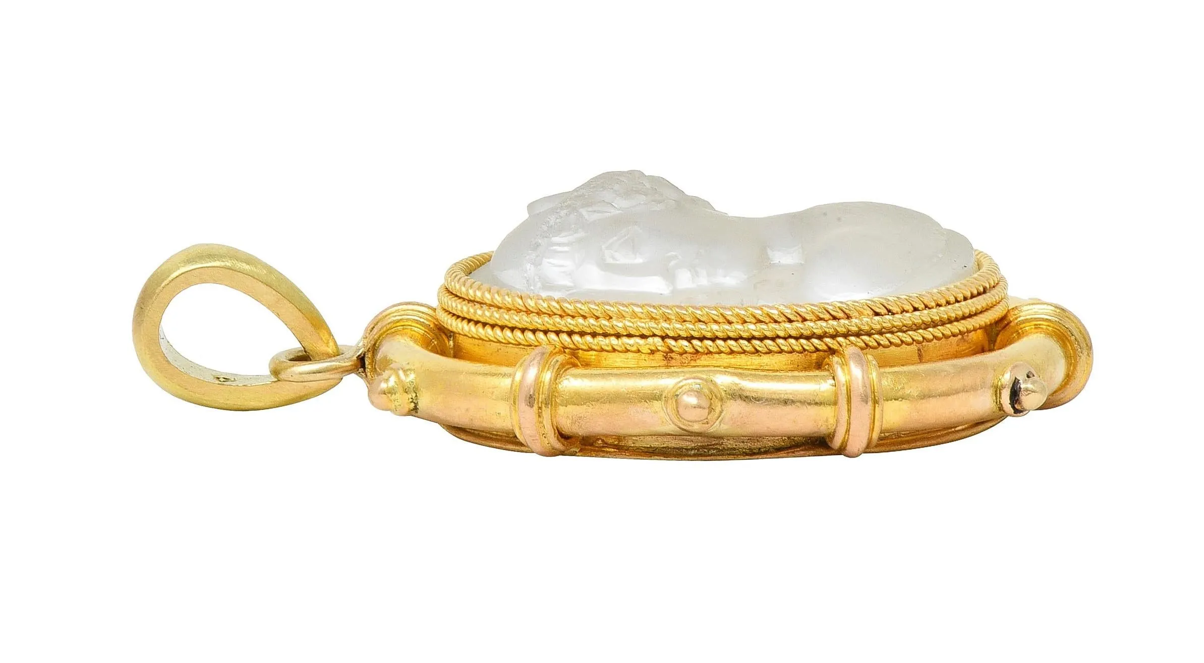 Victorian Carved Moonstone 14 Karat Yellow Gold Hermes Greek God Antique Cameo Pendant