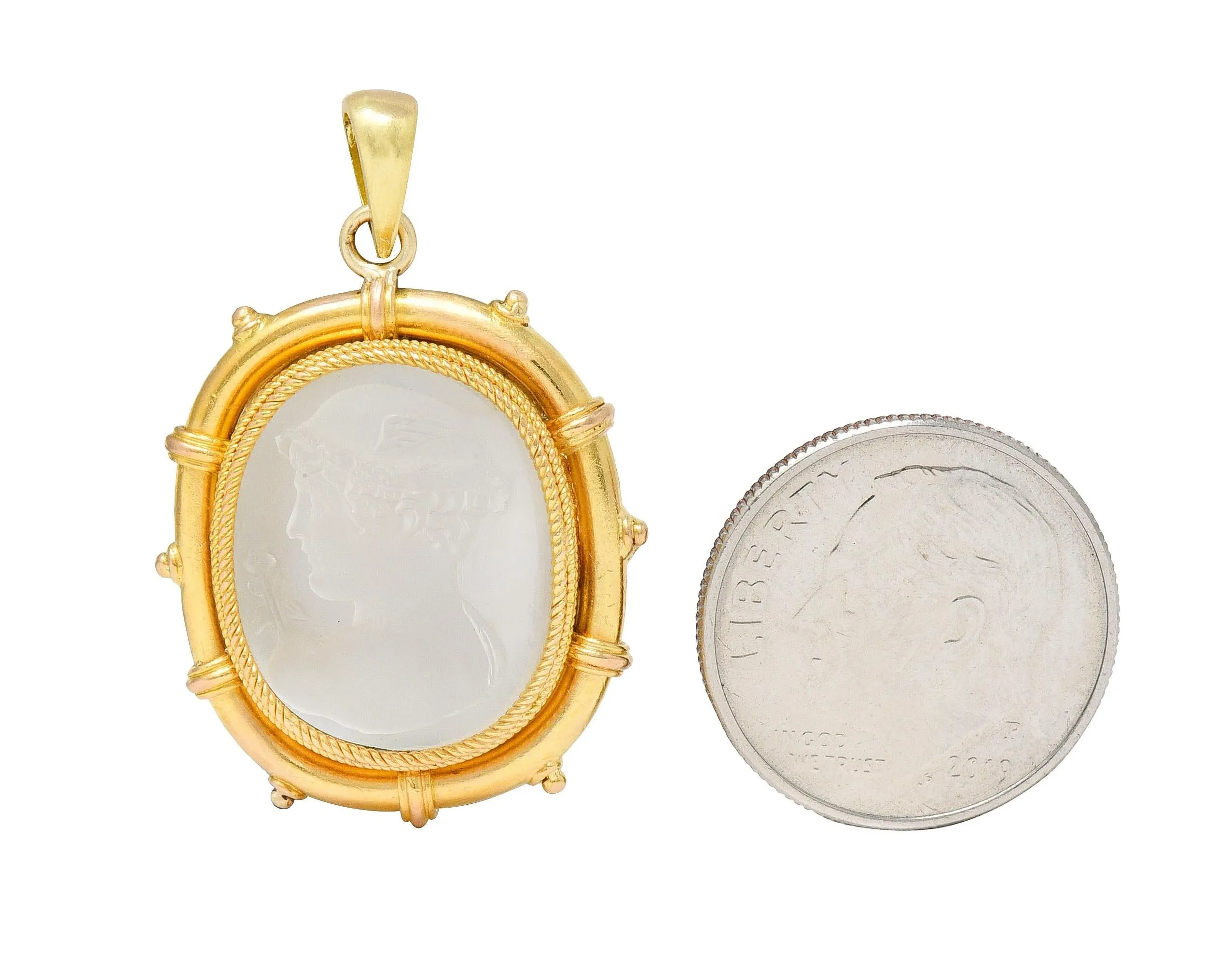 Victorian Carved Moonstone 14 Karat Yellow Gold Hermes Greek God Antique Cameo Pendant