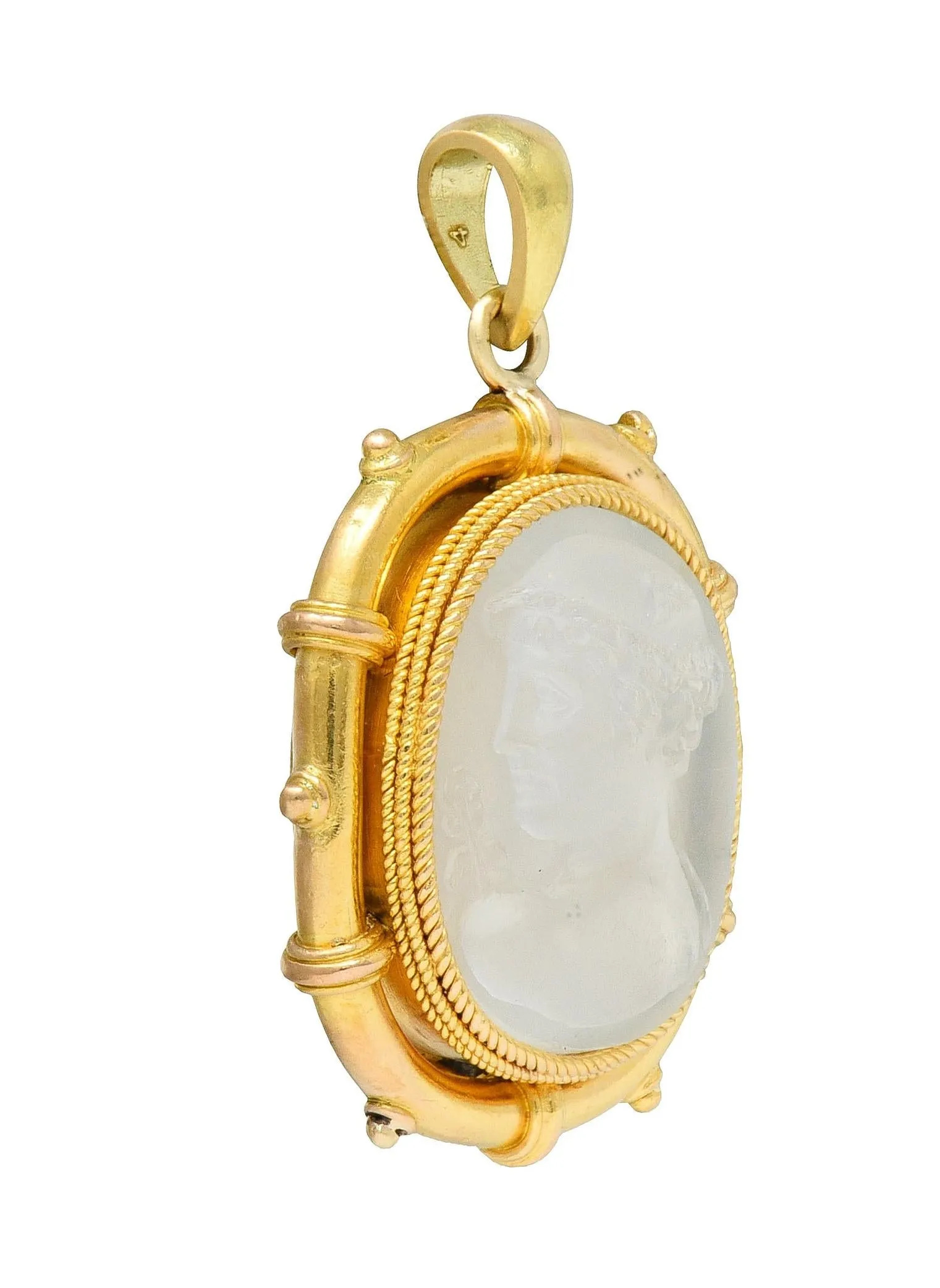 Victorian Carved Moonstone 14 Karat Yellow Gold Hermes Greek God Antique Cameo Pendant