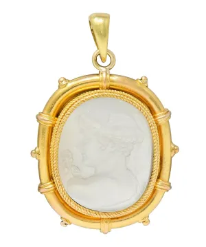 Victorian Carved Moonstone 14 Karat Yellow Gold Hermes Greek God Antique Cameo Pendant