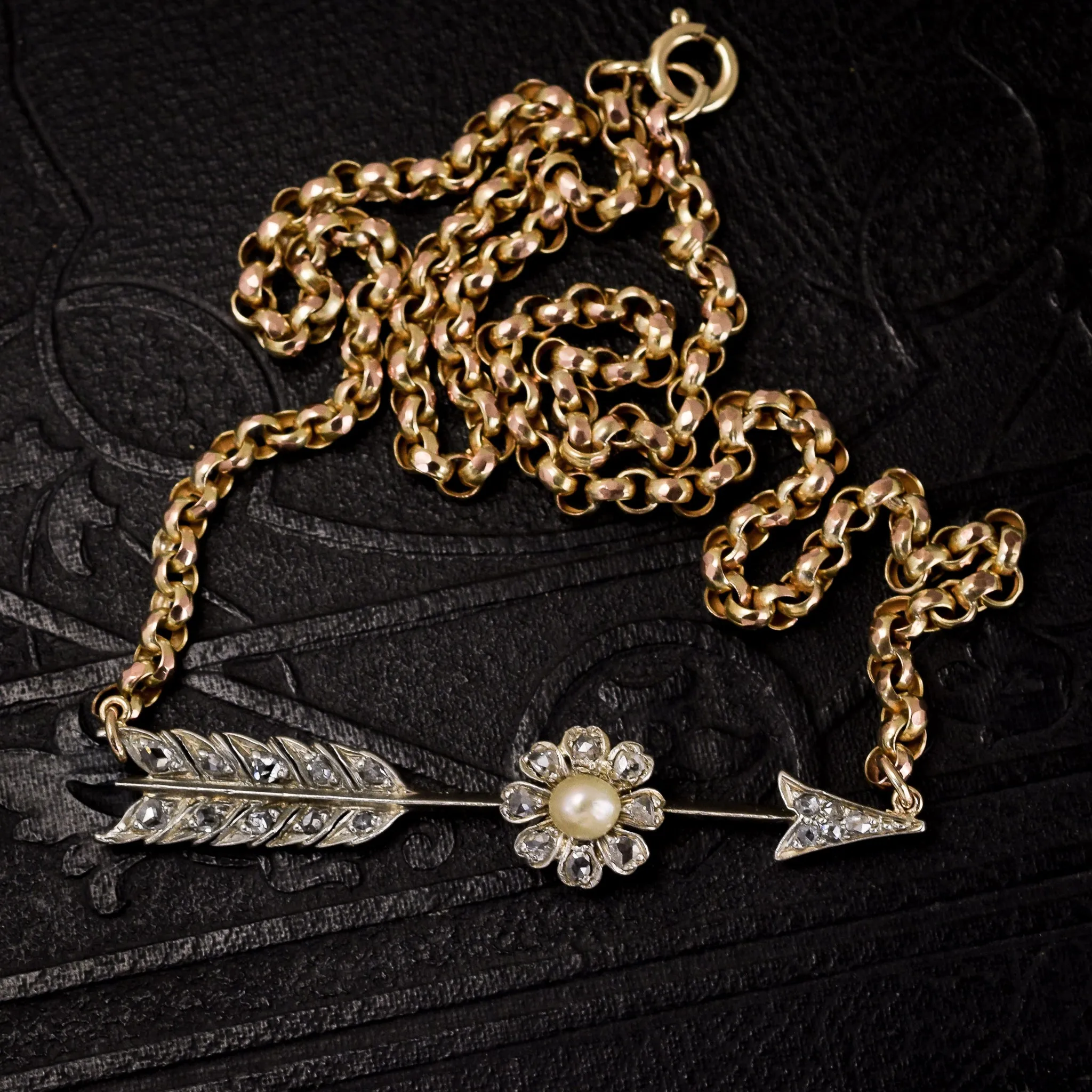 Victorian Diamond & Pearl Arrow Necklace