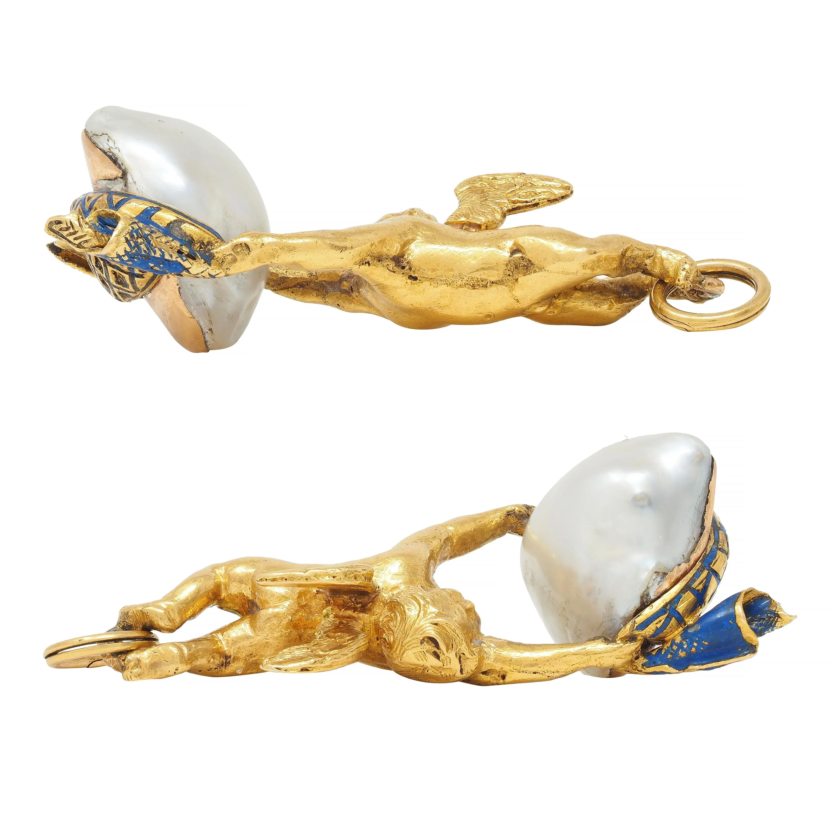 Victorian French Baroque Pearl Enamel 18 Karat Yellow Gold Cherub Antique Pendant Charm