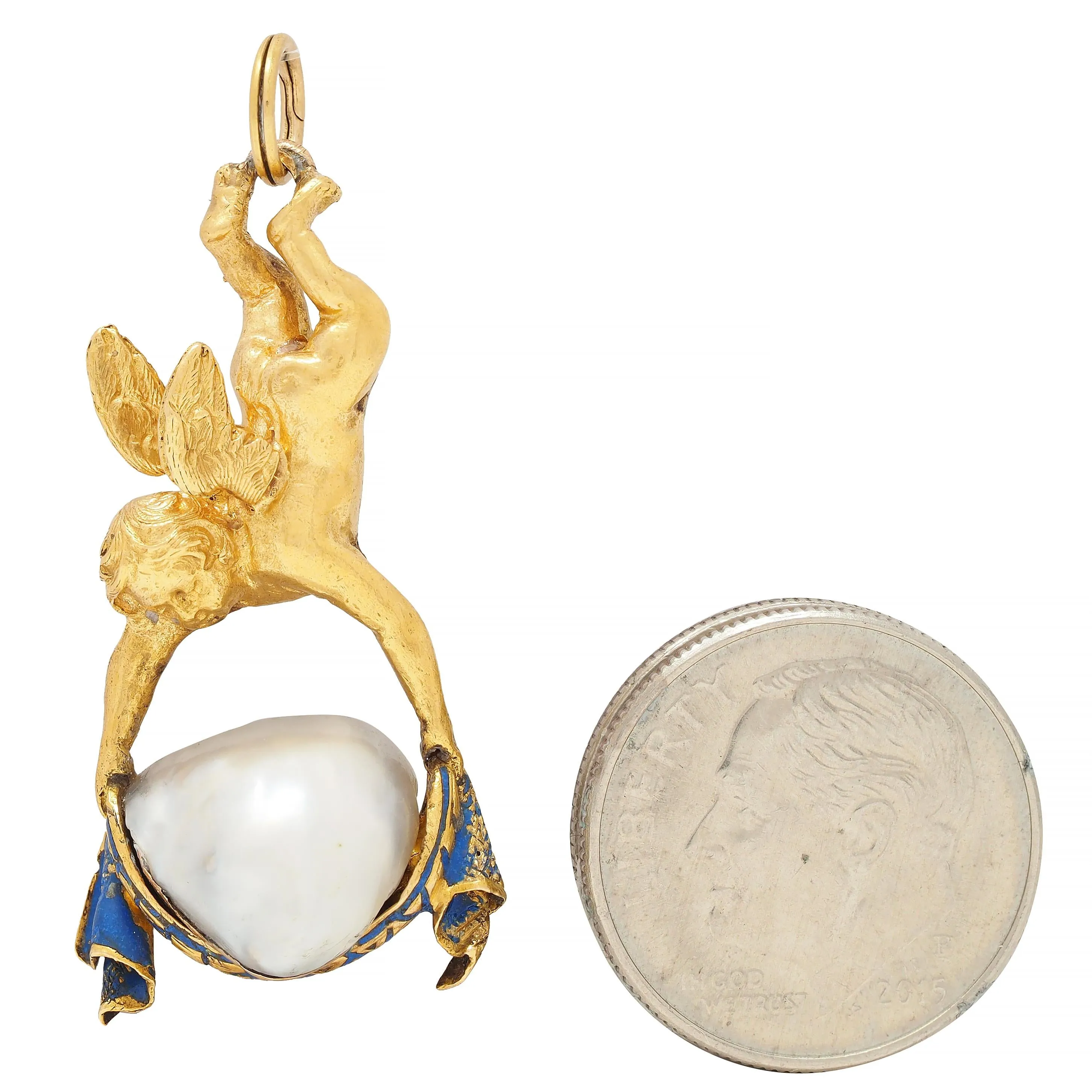 Victorian French Baroque Pearl Enamel 18 Karat Yellow Gold Cherub Antique Pendant Charm