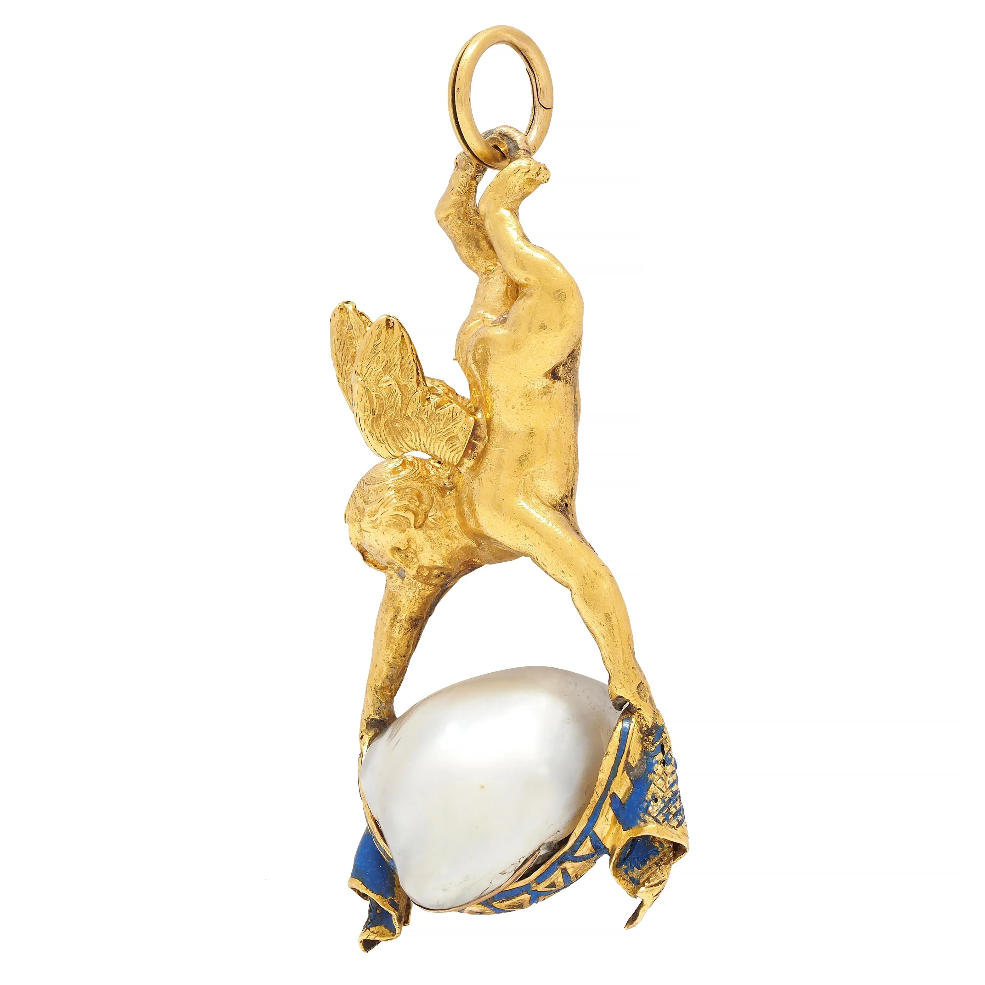 Victorian French Baroque Pearl Enamel 18 Karat Yellow Gold Cherub Antique Pendant Charm