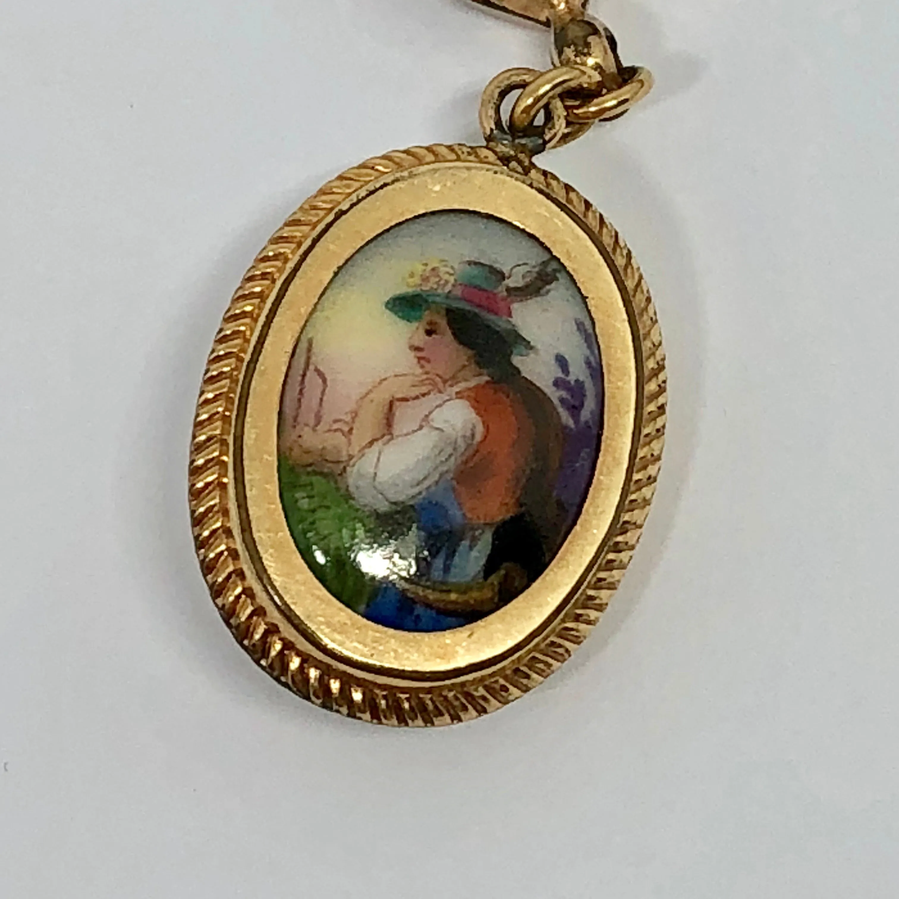 Victorian Gold Filled Double Sided Cameo & Hand Painted Swiss Maiden Necklace