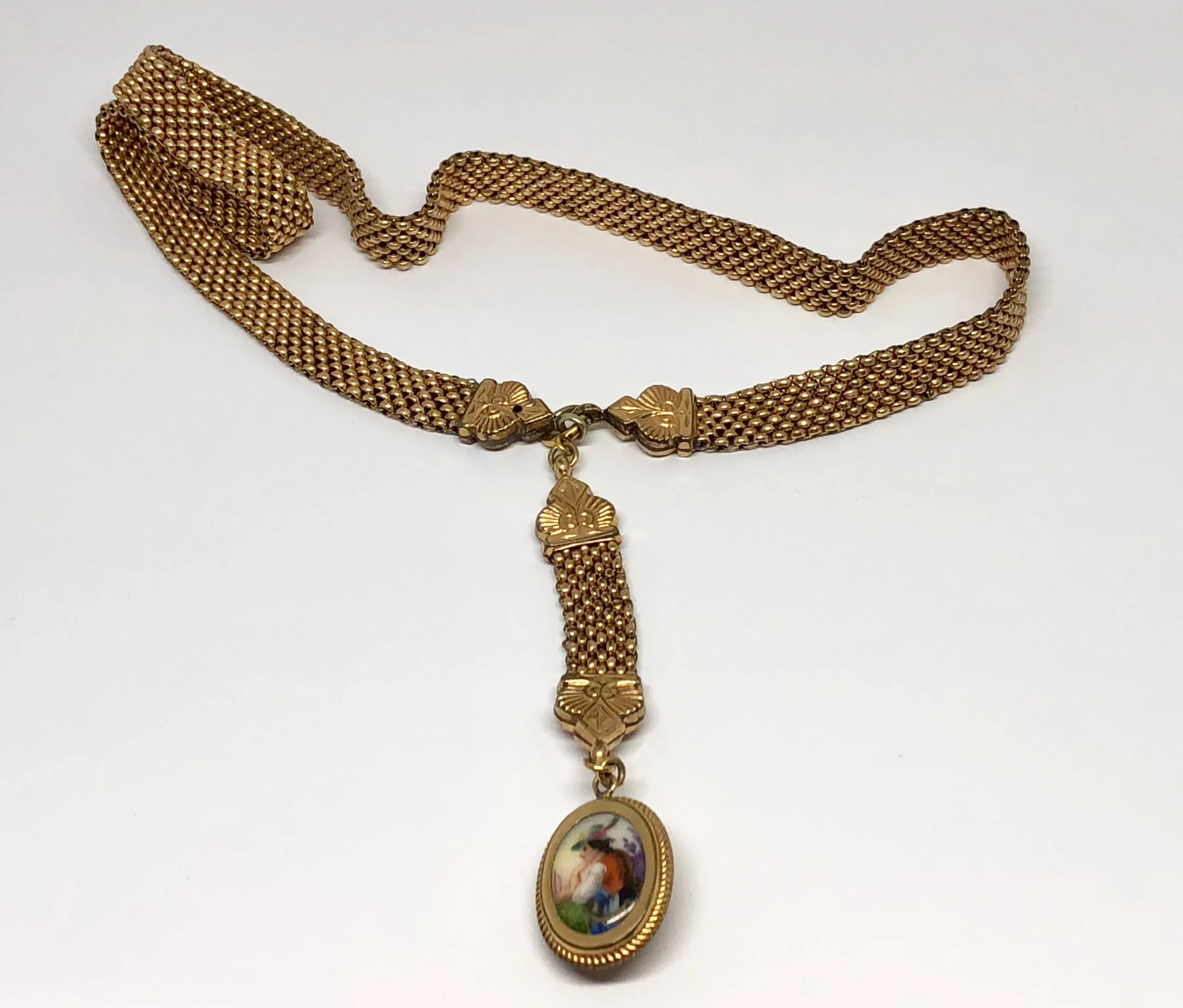Victorian Gold Filled Double Sided Cameo & Hand Painted Swiss Maiden Necklace