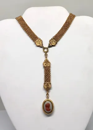 Victorian Gold Filled Double Sided Cameo & Hand Painted Swiss Maiden Necklace