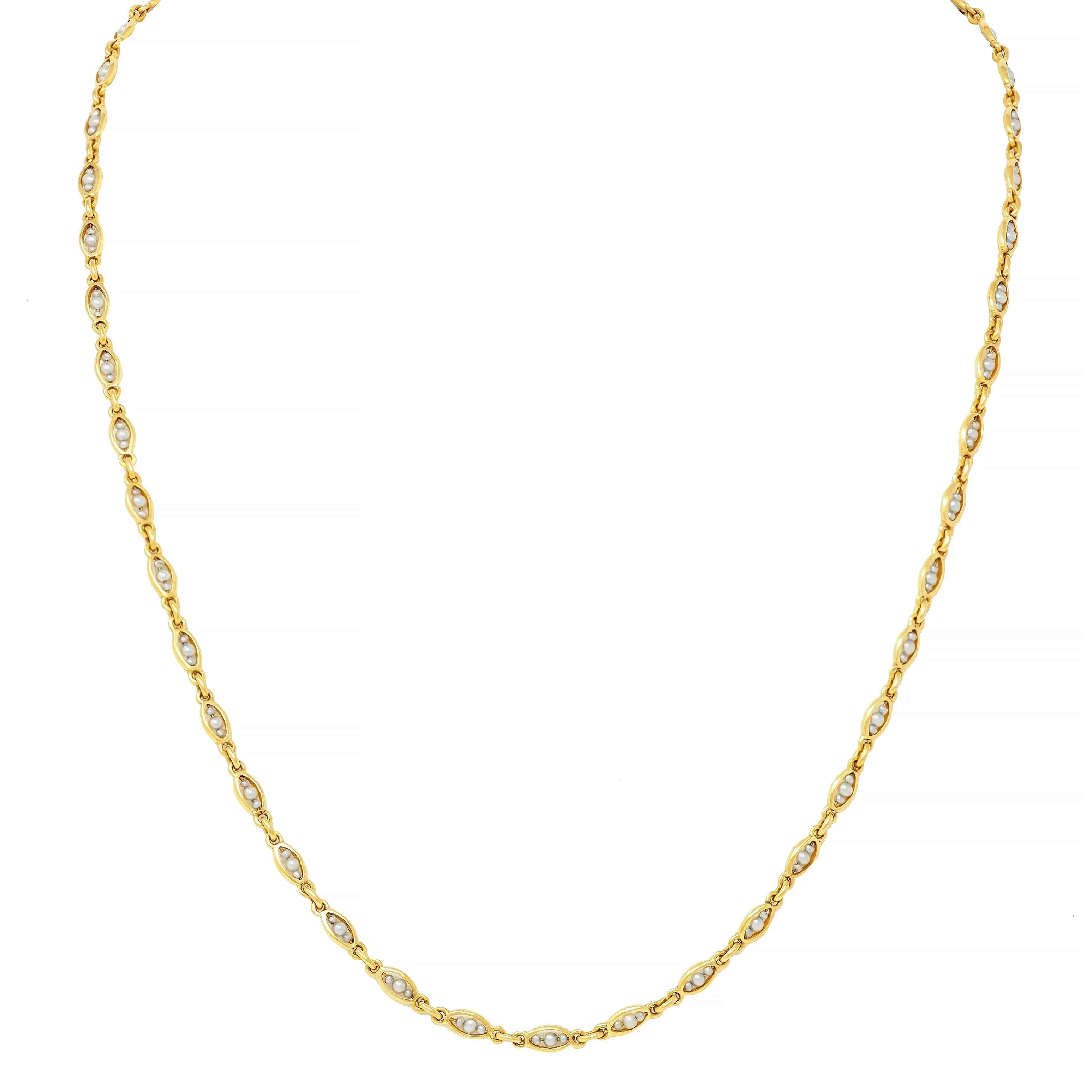 Victorian Pearl 18 Karat Yellow Gold Antique Navette Link Collar Chain Necklace