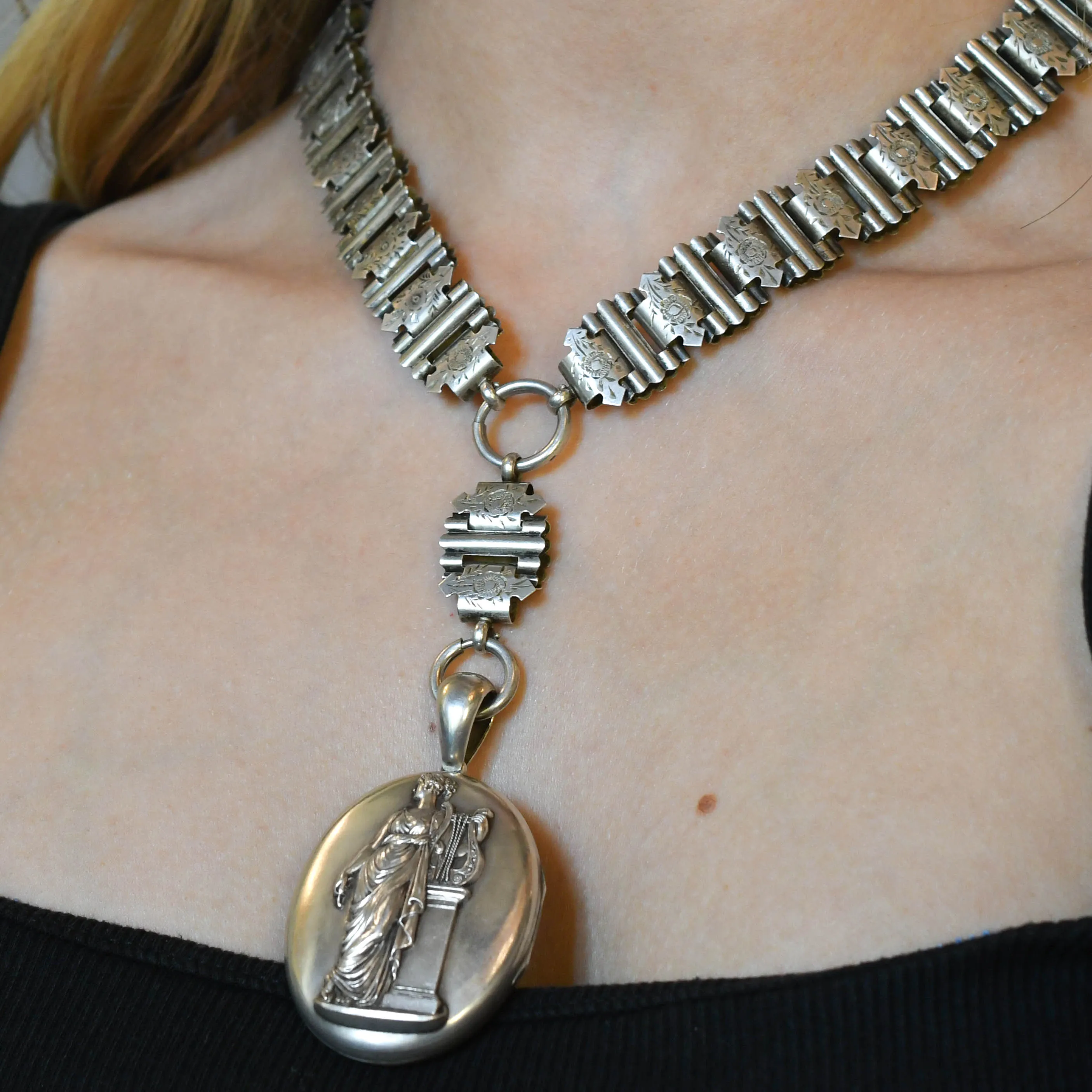 Victorian "Erato" Silver Locket & Collar