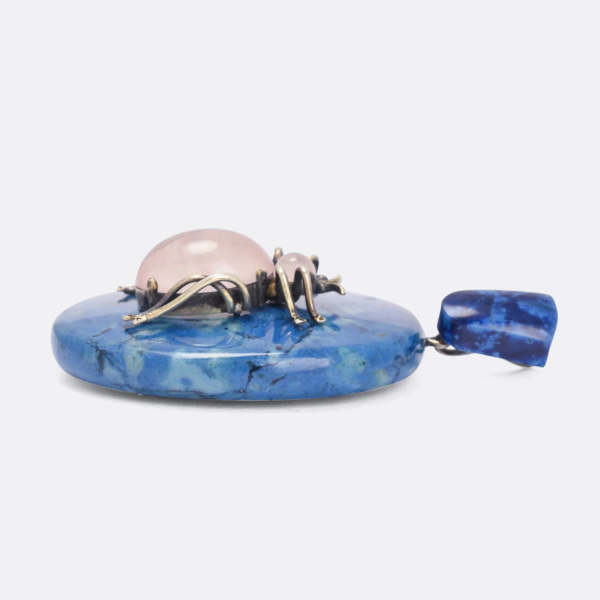 Victorian Rose Quartz & Swiss Lapis Bug Pendant