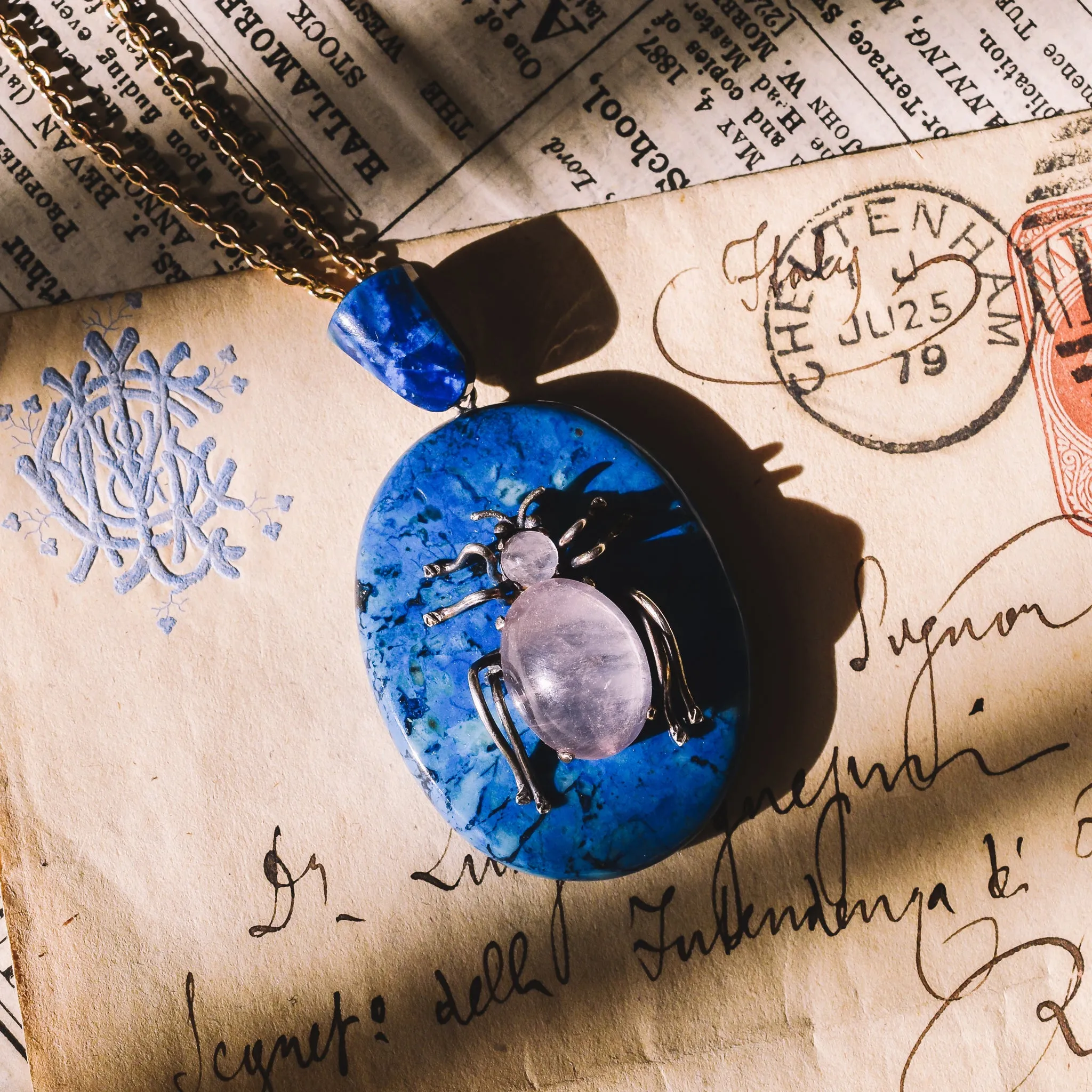 Victorian Rose Quartz & Swiss Lapis Bug Pendant