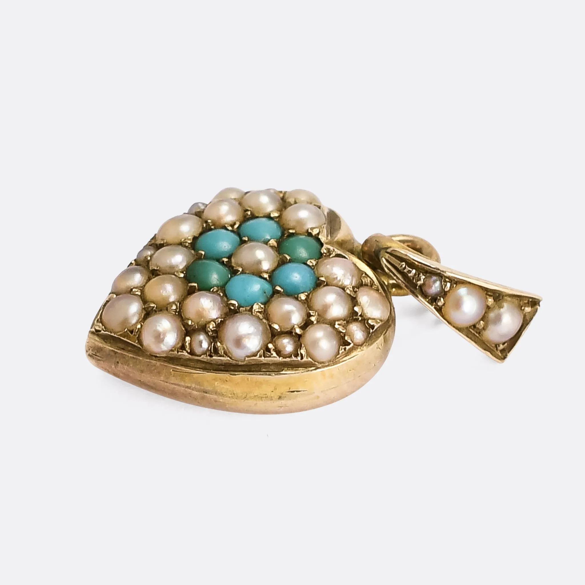 Victorian Turquoise Pansy & Pearl Puffed Heart Pendant