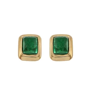 Vintage 18KT Yellow Gold Cabochon Emerald Earrings