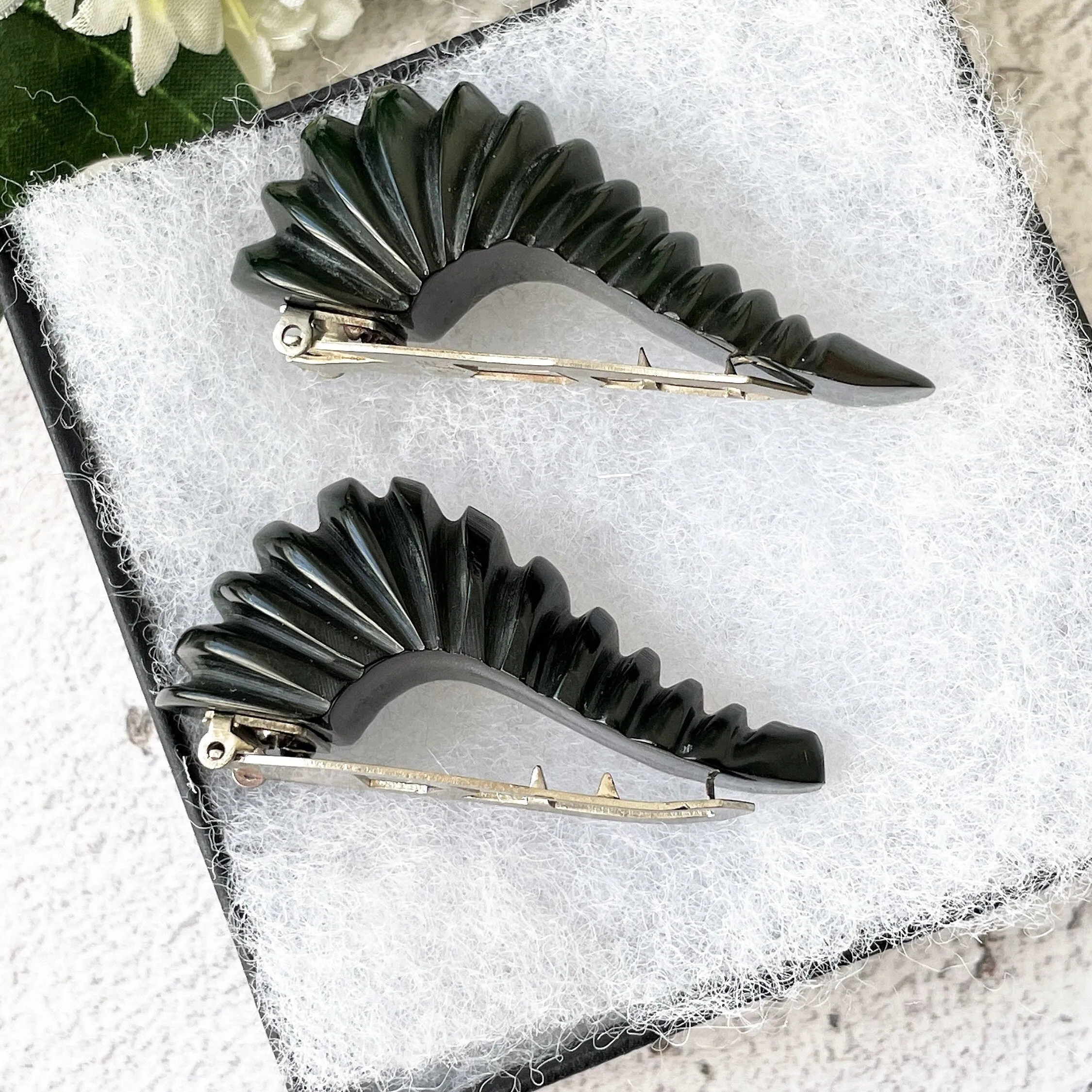 Vintage 1930s Forest Green Bakelite Dress Clips