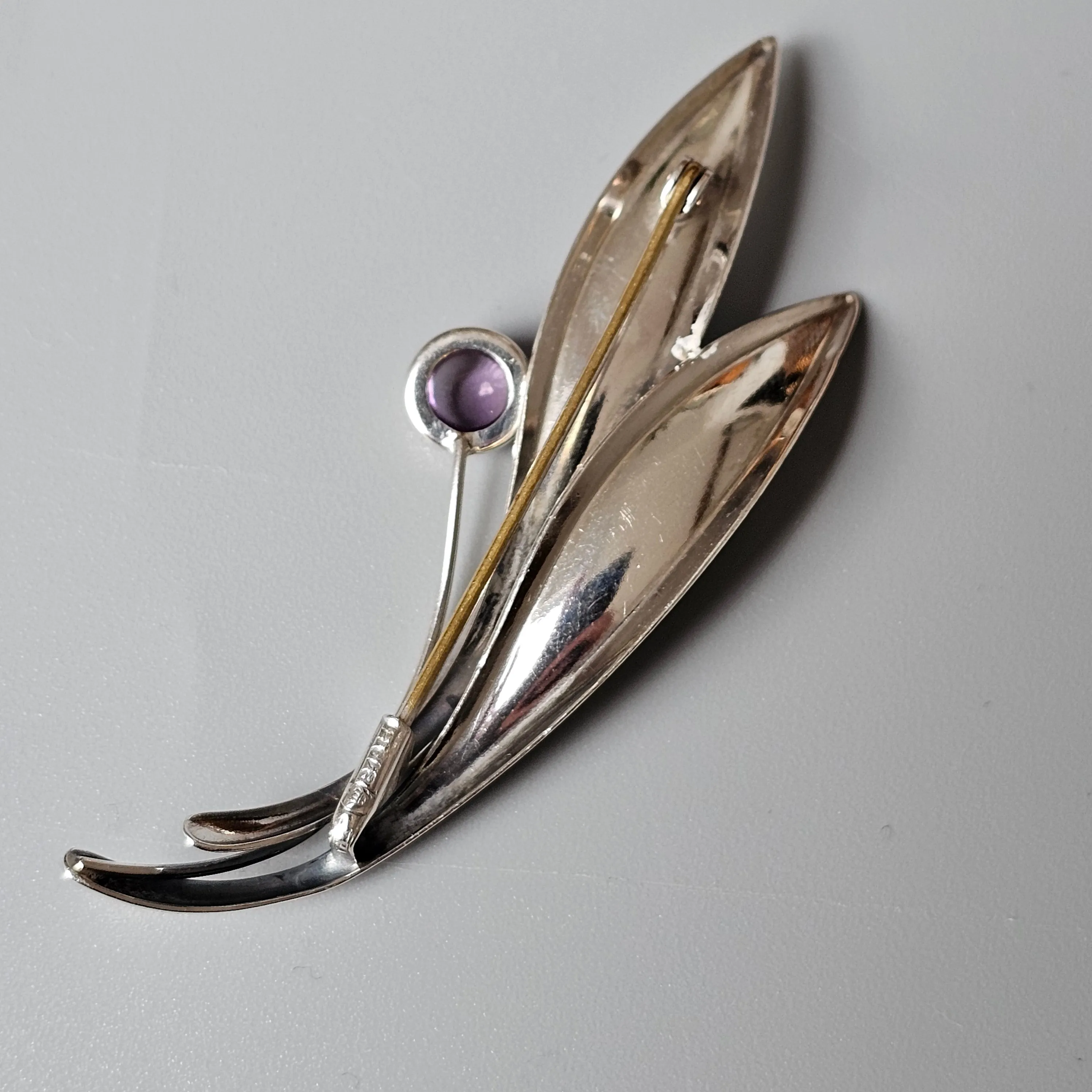 Vintage 60s Modernist Silver & Amethyst Flower Brooch Elis Kauppi Kupittaan Kulta