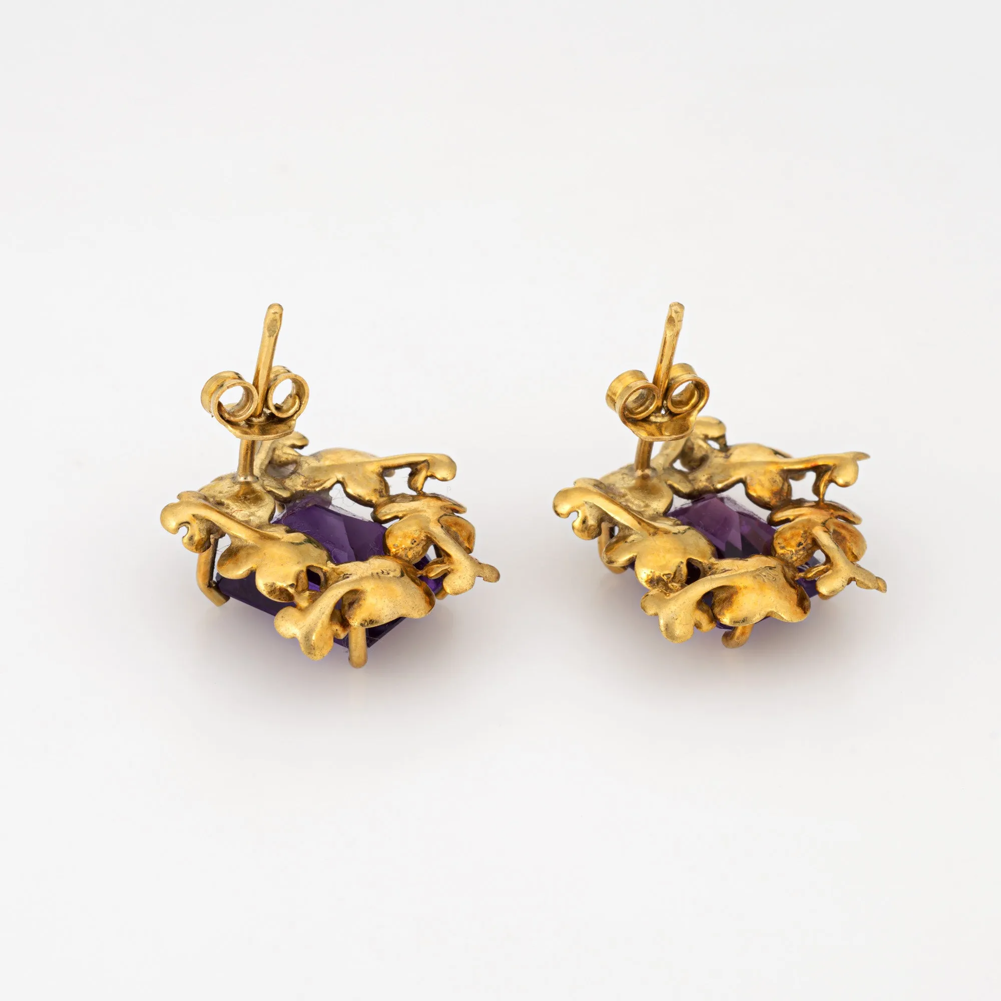 Vintage Amethyst Flower Earrings 18k Yellow Gold Emerald Cut Fine Estate Jewelry