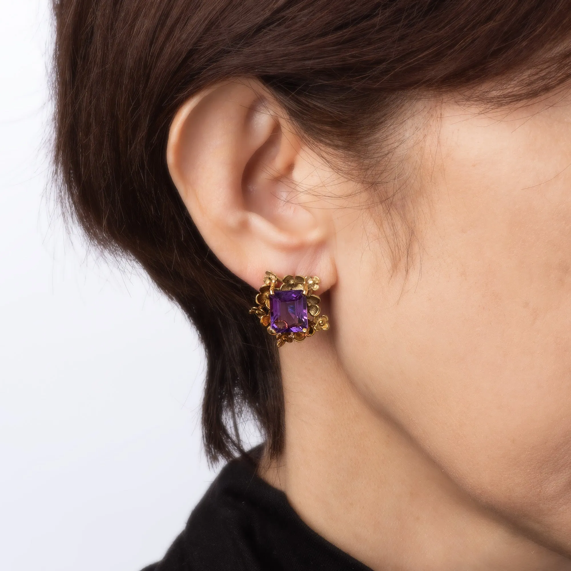 Vintage Amethyst Flower Earrings 18k Yellow Gold Emerald Cut Fine Estate Jewelry