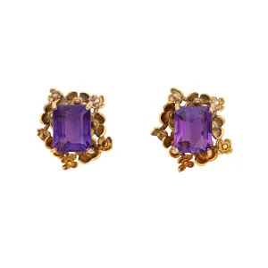 Vintage Amethyst Flower Earrings 18k Yellow Gold Emerald Cut Fine Estate Jewelry