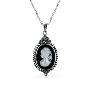 Vintage Black Mother of Pearl Cameo Pendant Necklace in Sterling Silver Frame