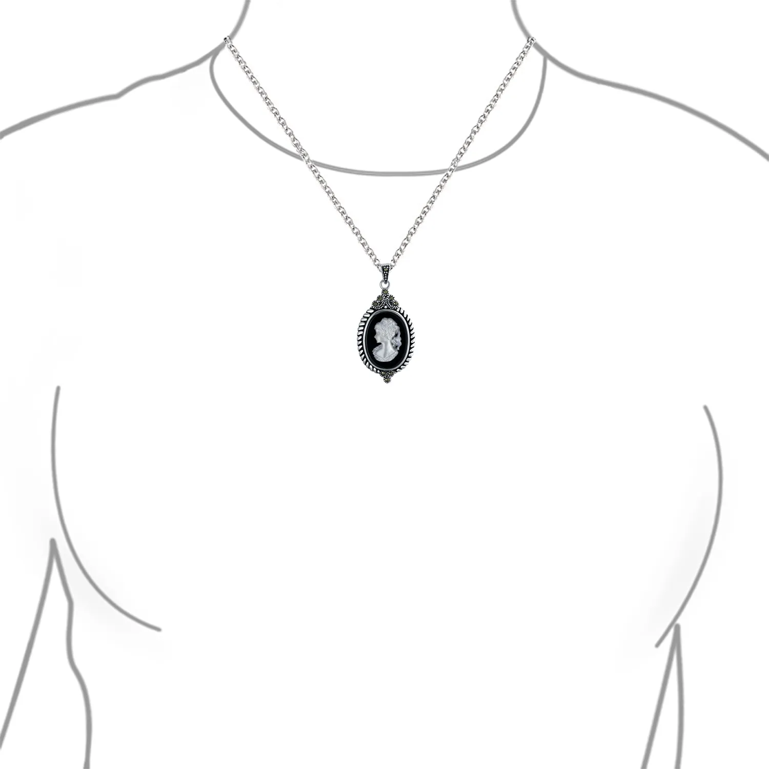 Vintage Black Mother of Pearl Cameo Pendant Necklace in Sterling Silver Frame