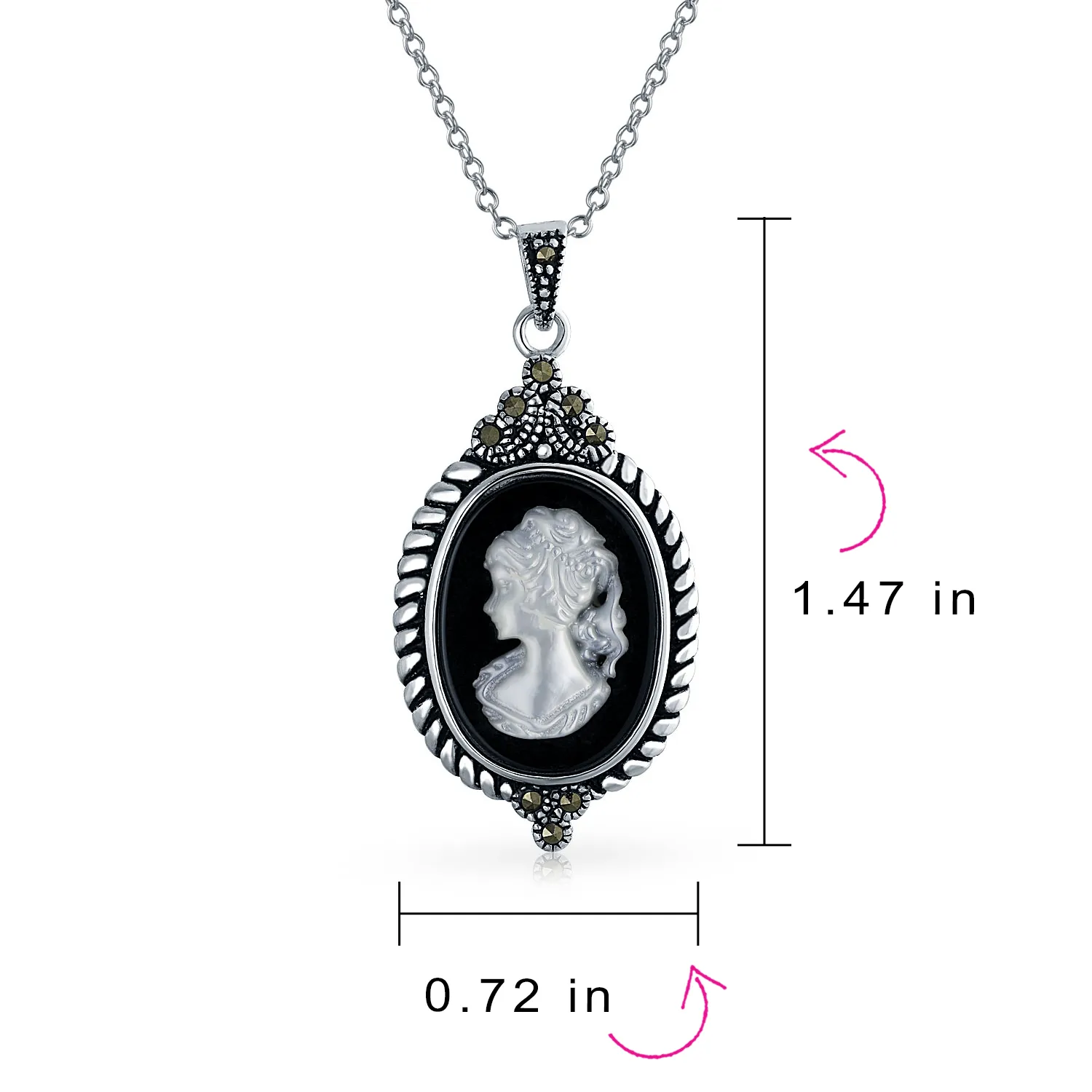 Vintage Black Mother of Pearl Cameo Pendant Necklace in Sterling Silver Frame