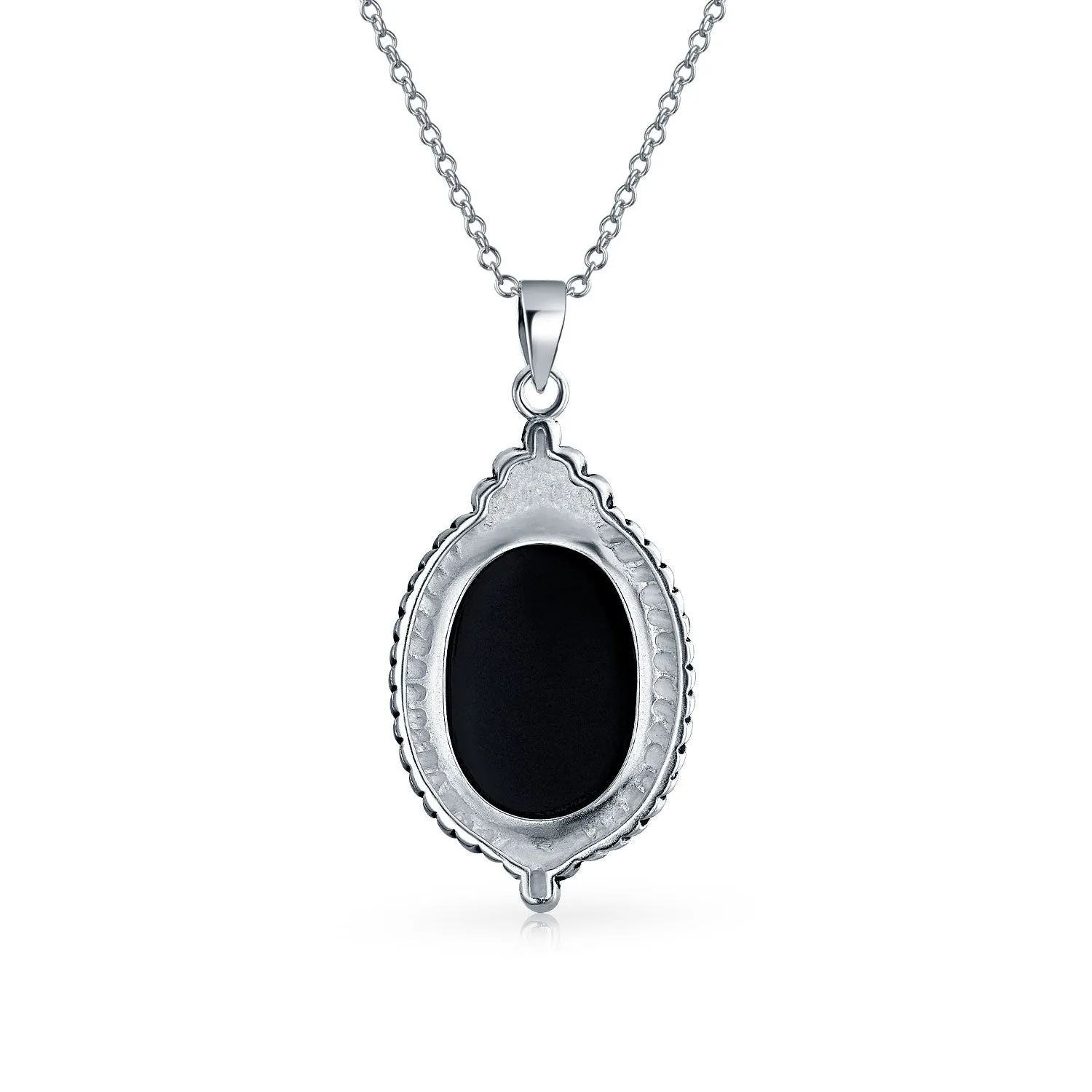 Vintage Black Mother of Pearl Cameo Pendant Necklace in Sterling Silver Frame