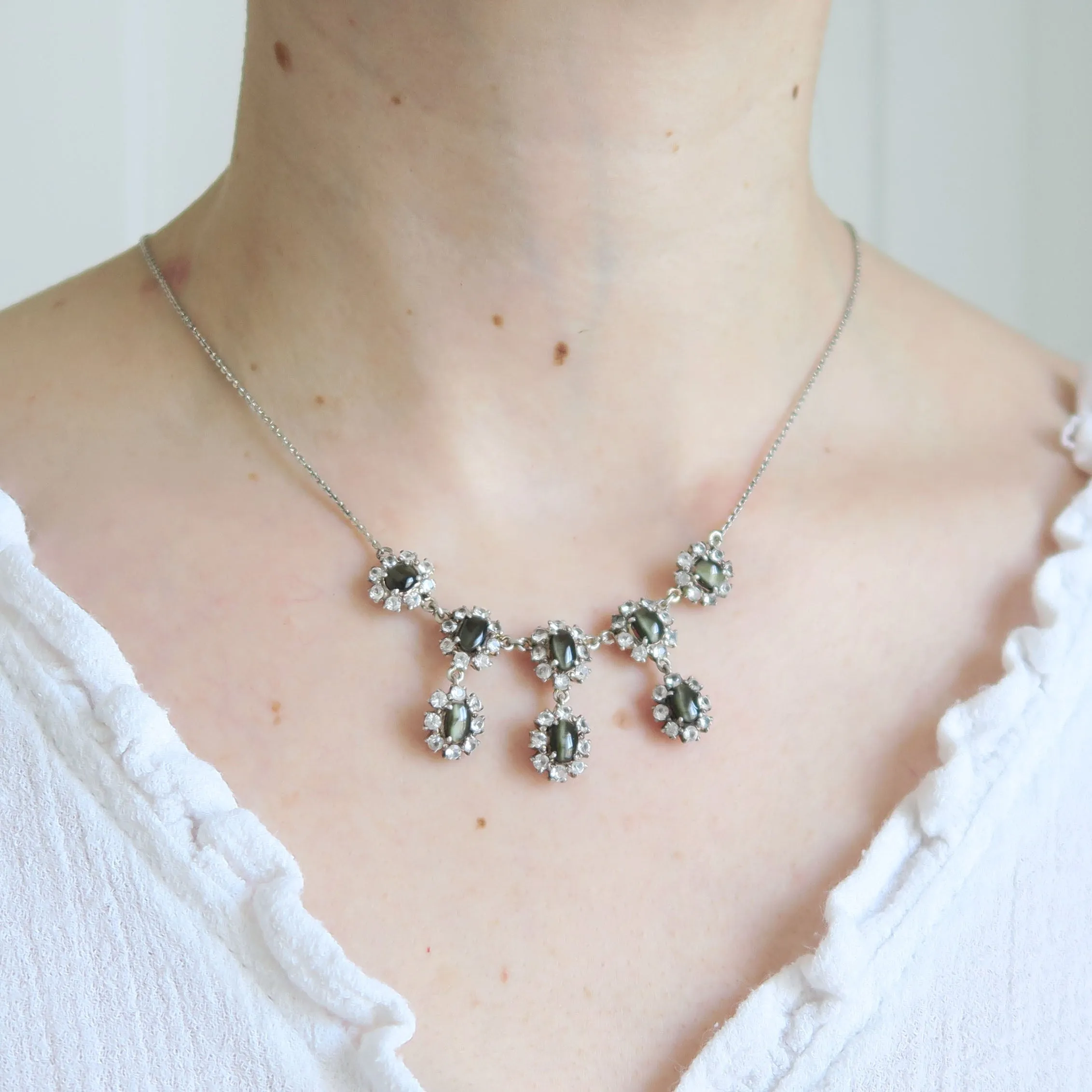 Vintage Chrysoberyl Cat's Eye & White Sapphire Necklace