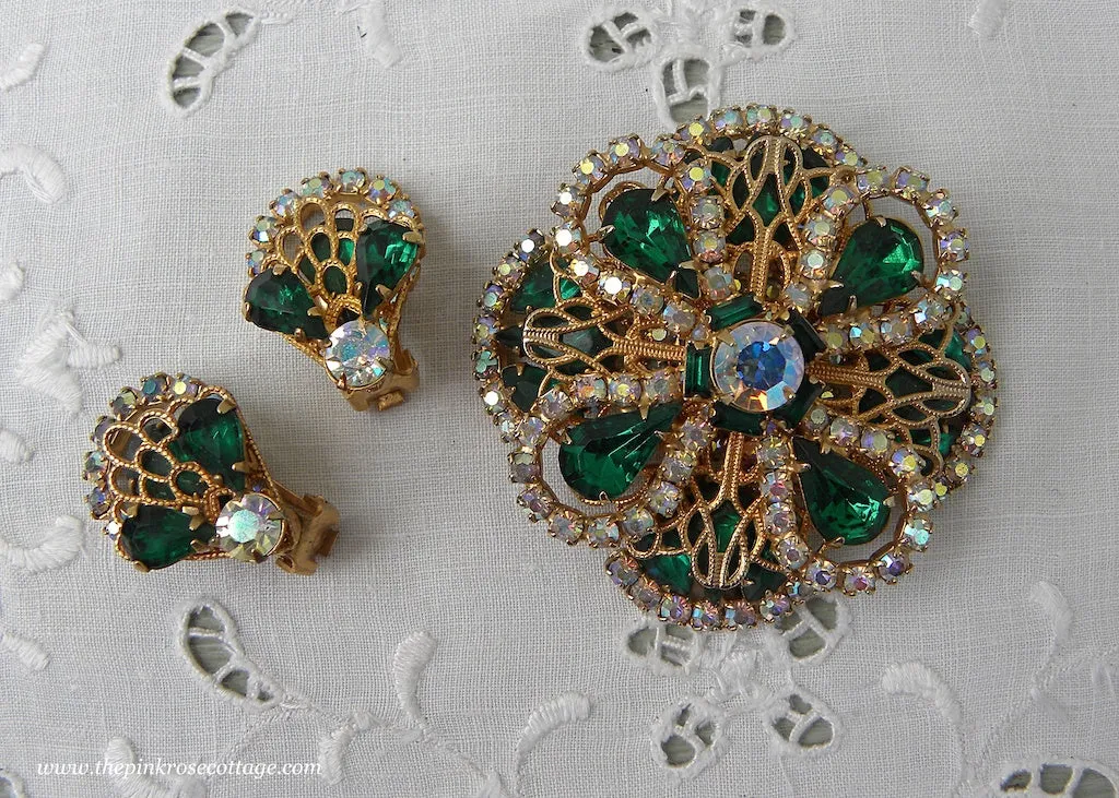 Vintage Emerald Green and Aurora Borealis Rhinestone Filagree Pin and Earrings