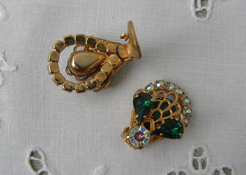Vintage Emerald Green and Aurora Borealis Rhinestone Filagree Pin and Earrings