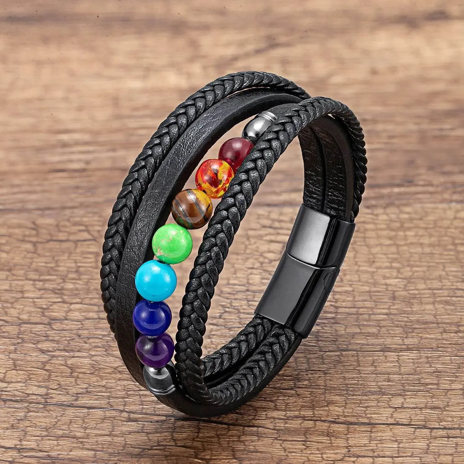 Vintage Multilayer Leather Men Bracelet Bohemia Chakra Stone