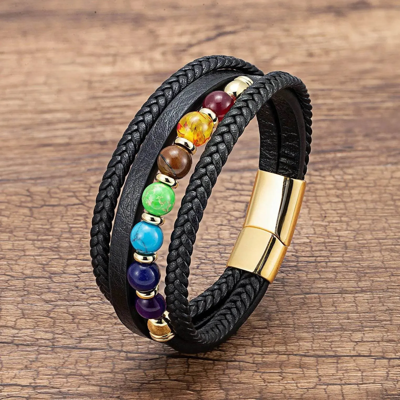 Vintage Multilayer Leather Men Bracelet Bohemia Chakra Stone