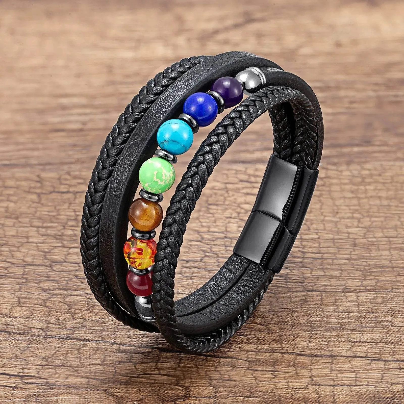 Vintage Multilayer Leather Men Bracelet Bohemia Chakra Stone