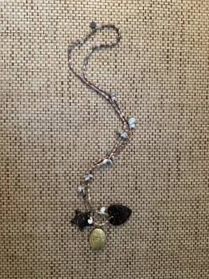Vintage Seashell, Coconut and Brass Locket Long Necklace