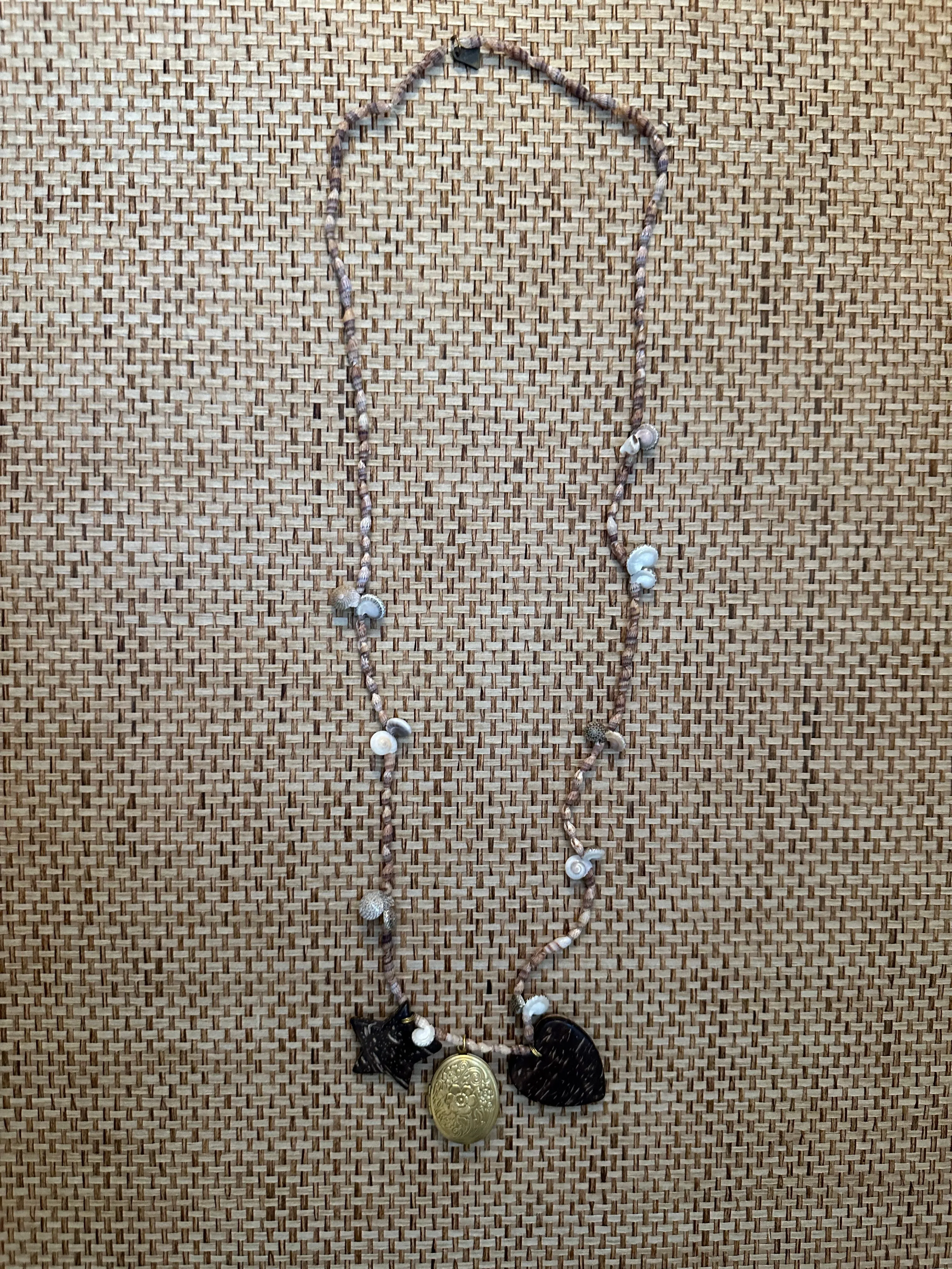 Vintage Seashell, Coconut and Brass Locket Long Necklace