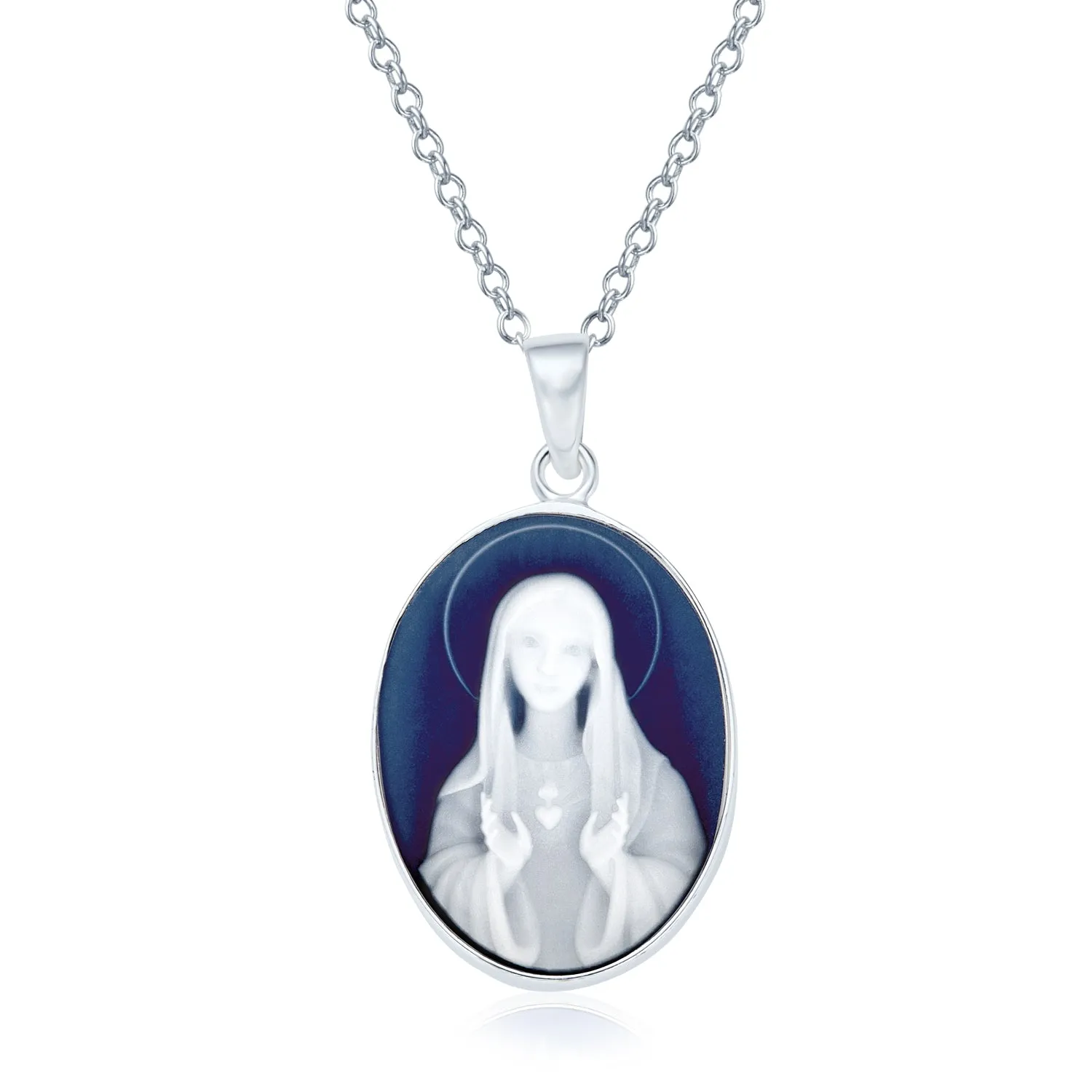 Vintage Simulated Blue Agate Virgin Mary Cameo Pendant Necklace Sterling Silver