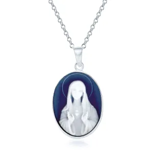 Vintage Simulated Blue Agate Virgin Mary Cameo Pendant Necklace Sterling Silver