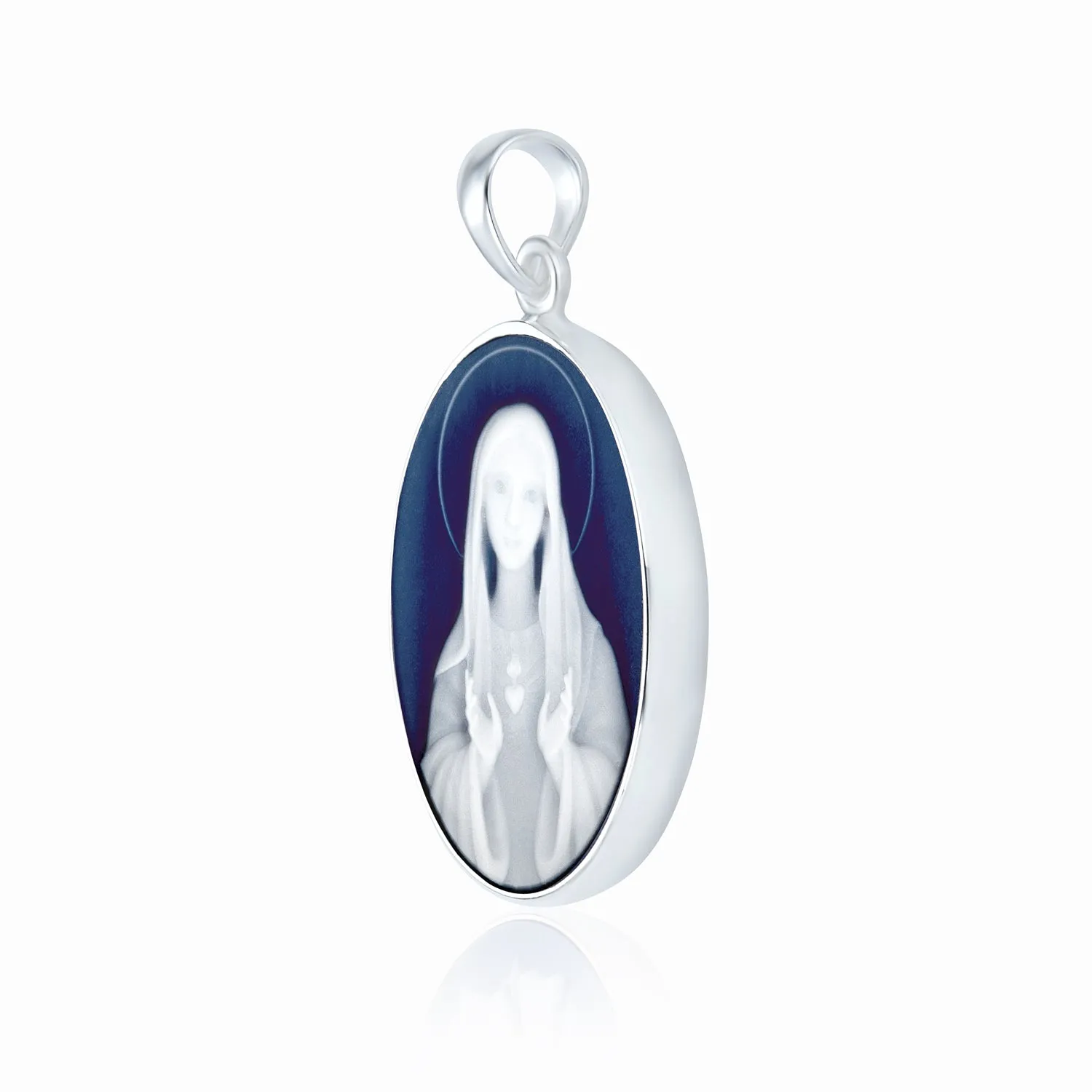 Vintage Simulated Blue Agate Virgin Mary Cameo Pendant Necklace Sterling Silver