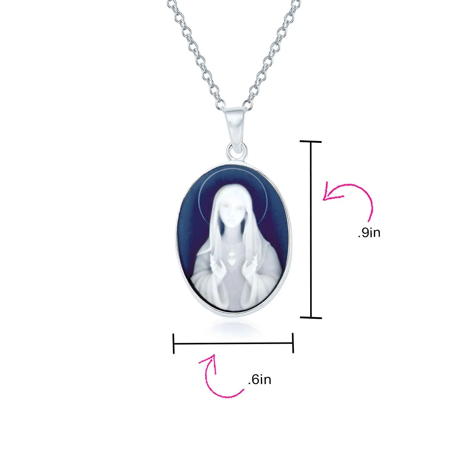 Vintage Simulated Blue Agate Virgin Mary Cameo Pendant Necklace Sterling Silver