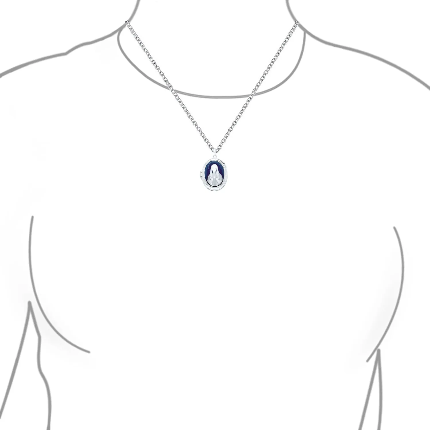Vintage Style Blue Agate Our Lady of Guadalupe Locket Necklace Sterling Silver
