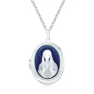 Vintage Style Blue Agate Our Lady of Guadalupe Locket Necklace Sterling Silver