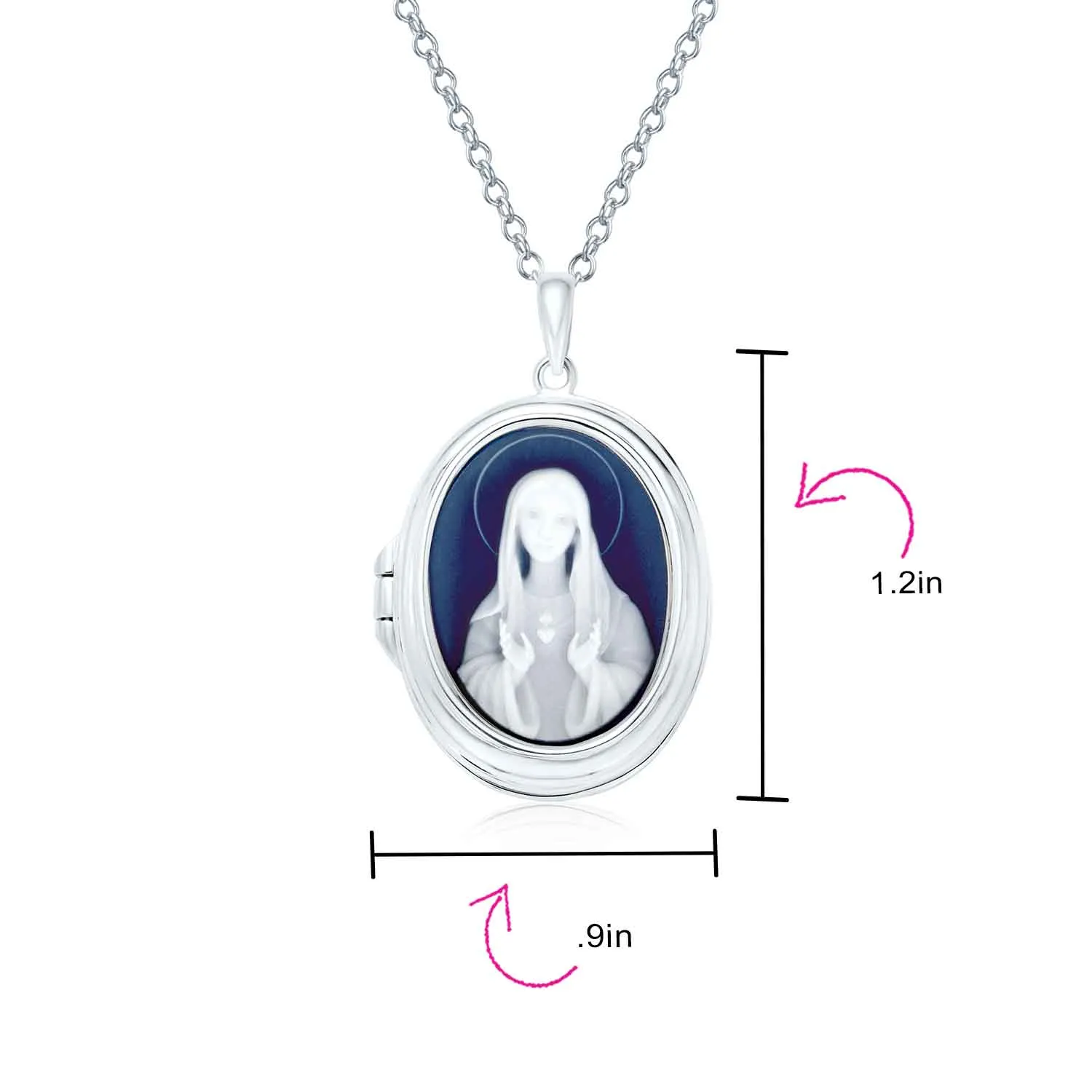 Vintage Style Blue Agate Our Lady of Guadalupe Locket Necklace Sterling Silver