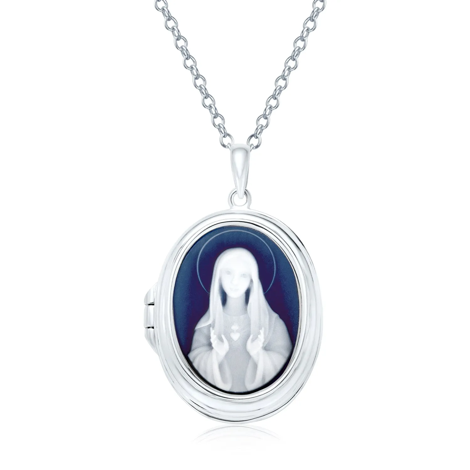 Vintage Style Blue Agate Our Lady of Guadalupe Locket Necklace Sterling Silver