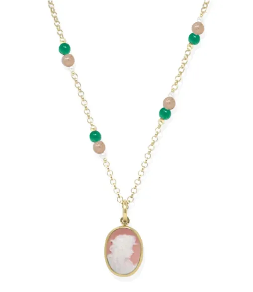 Vintouch Italy Gold Plated Pink Cameo Pearly Necklace